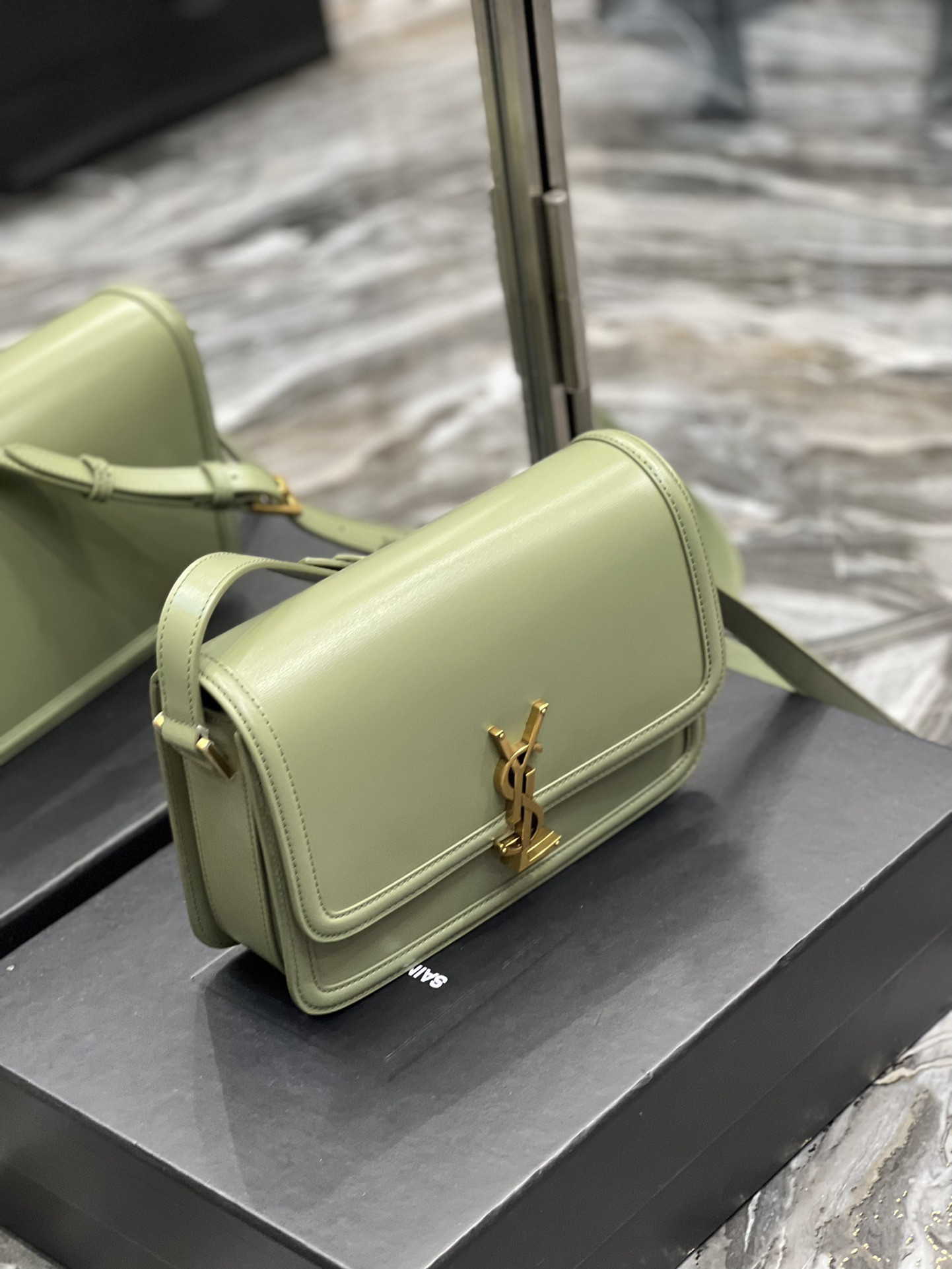 YSL SOLFERINO MEDIUM SATCHEL IN BOX SAINT LAURENT LIGHT GREEN 9.1 X 6.3 X 2.4 INCHES