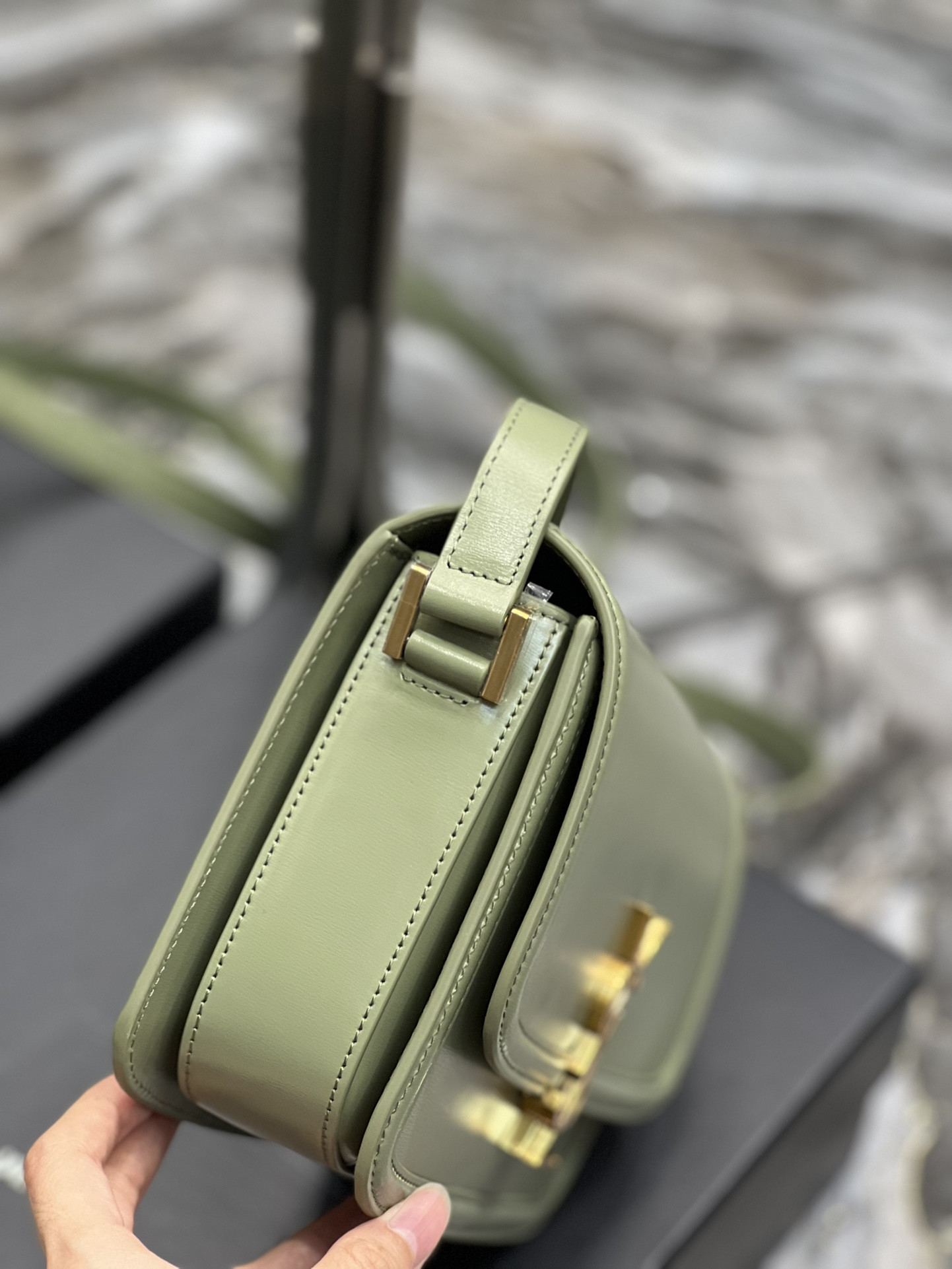 YSL SOLFERINO MEDIUM SATCHEL IN BOX SAINT LAURENT LIGHT GREEN 9.1 X 6.3 X 2.4 INCHES
