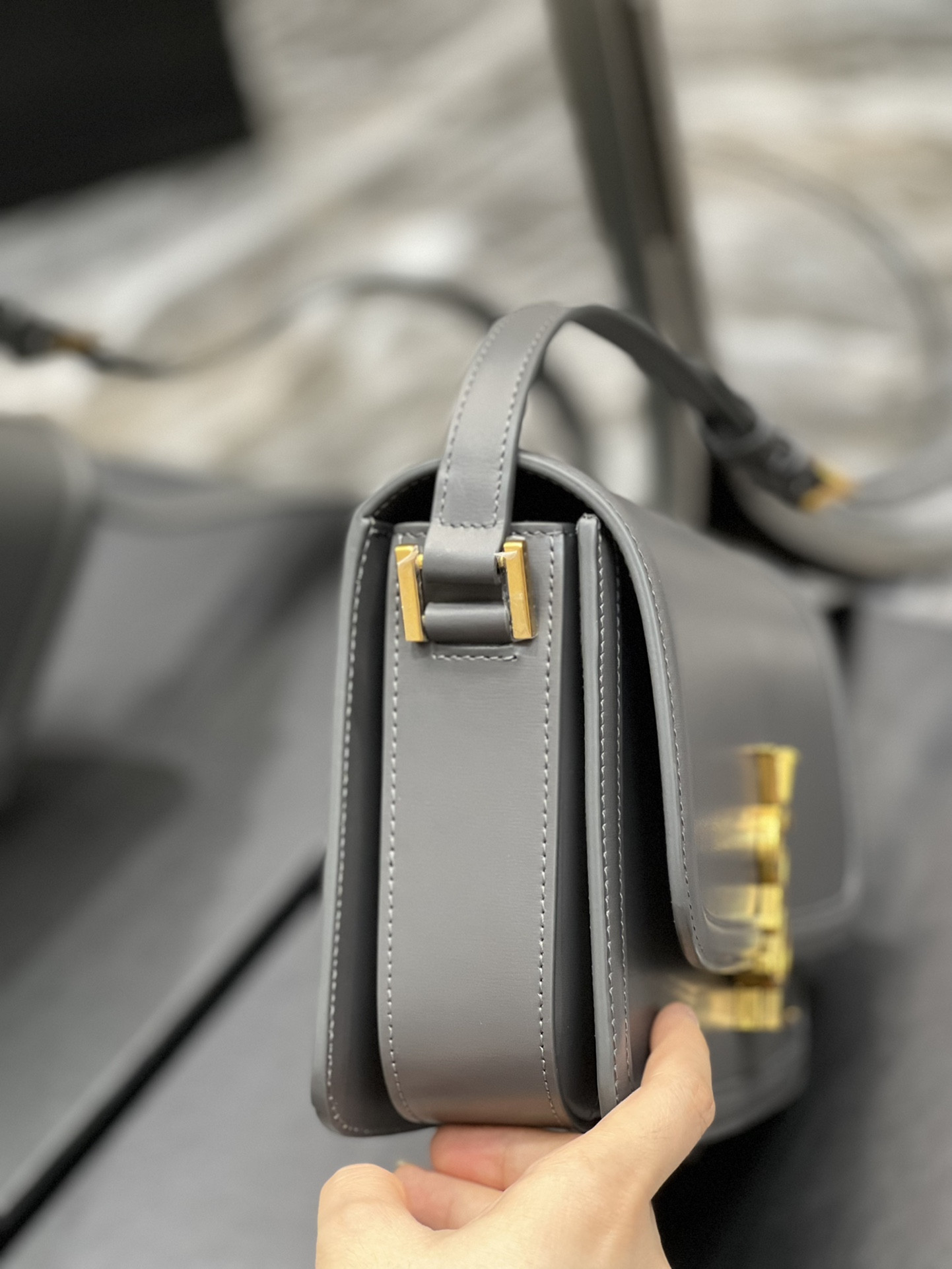 YSL SOLFERINO MEDIUM SATCHEL IN BOX SAINT LAURENT LIGHT GRAY 9.1 X 6.3 X 2.4 INCHES