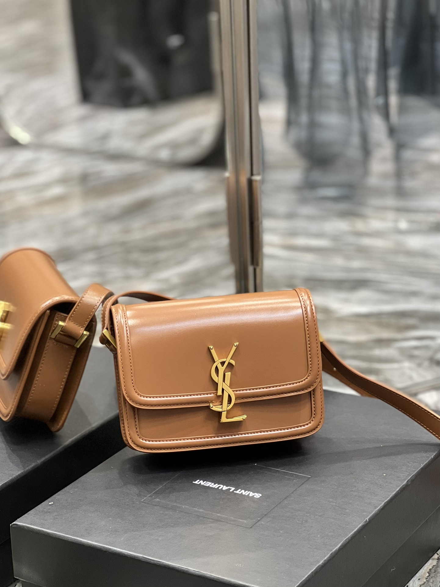 YSL SOLFERINO SMALL SATCHEL IN BOX SAINT LAURENT BRWON 7.4 X 5.1 X 1.9 INCHES