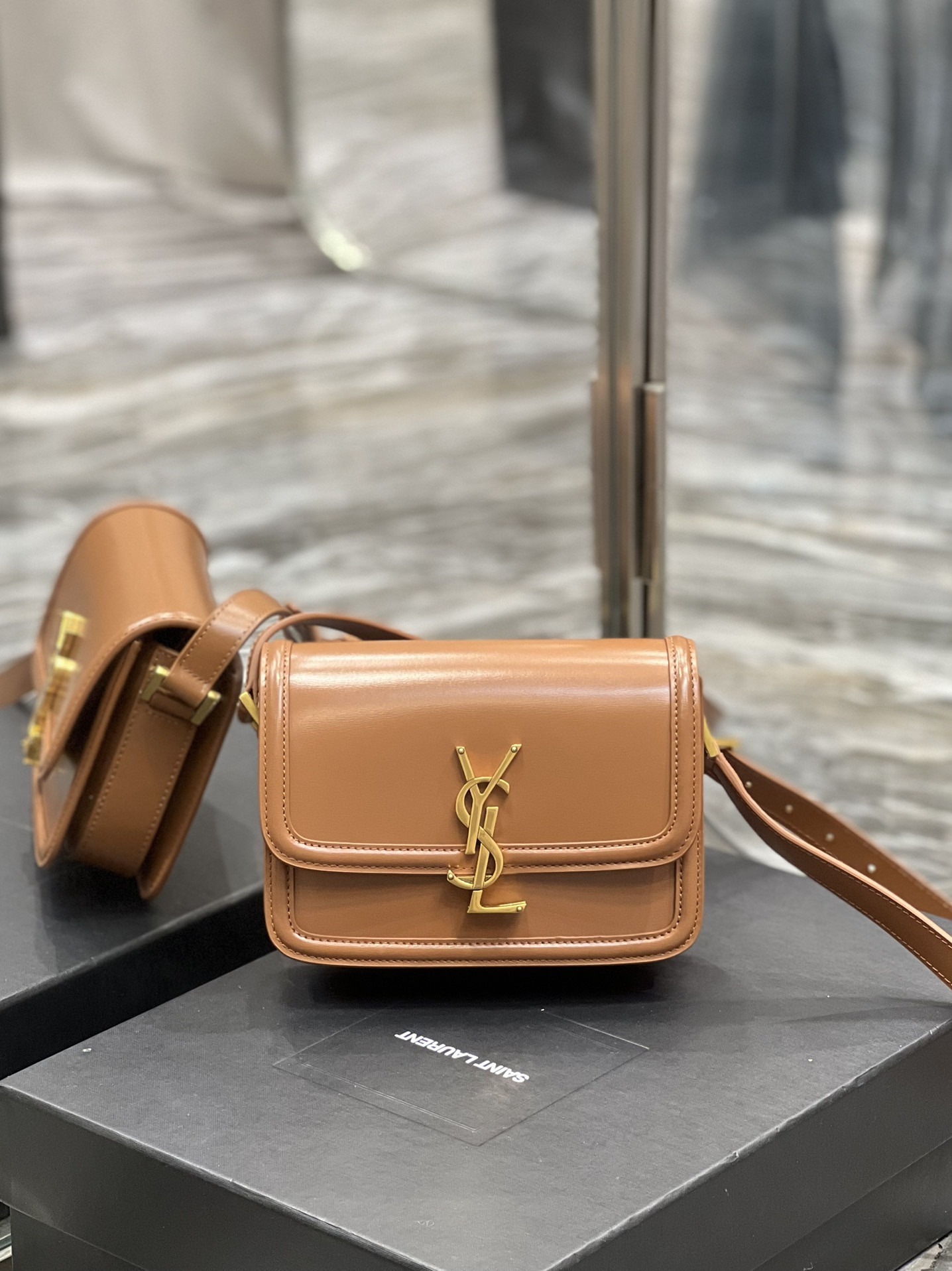 YSL SOLFERINO SMALL SATCHEL IN BOX SAINT LAURENT BRWON 7.4 X 5.1 X 1.9 INCHES
