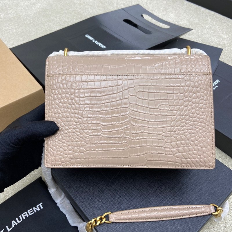 YSL SUNSET MEDIUM IN CROCODILE-EMBOSSED LEATHER DARK BEIGE 8 X 6.2 X 2.5 INCHES