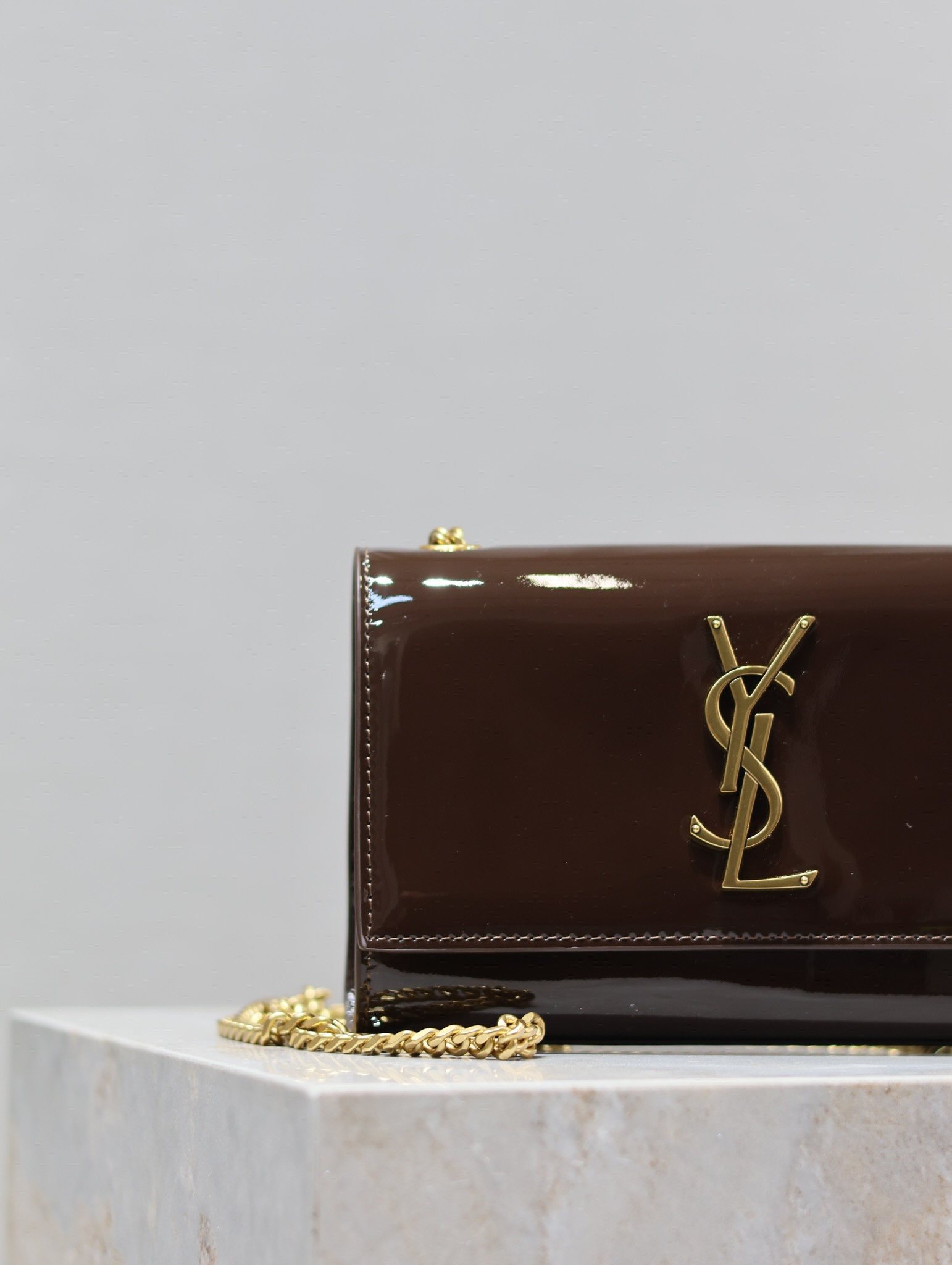 YSL KATE SMALL IN SHINY LEATHER COFFEE 7.8 X 4.9 X 1.9 INCHES
