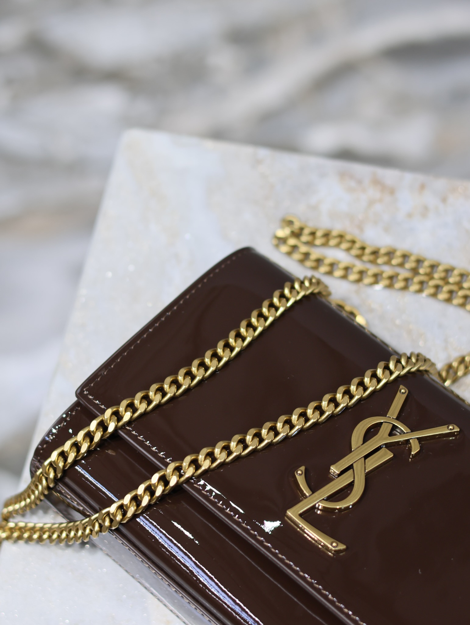 YSL KATE SMALL IN SHINY LEATHER COFFEE 7.8 X 4.9 X 1.9 INCHES