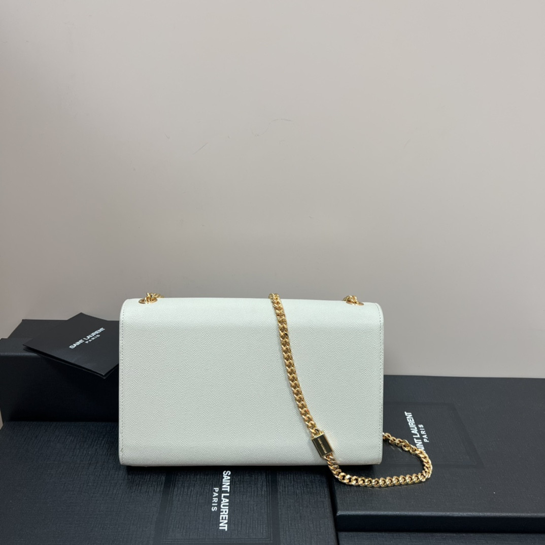 YSL KATE MEDIUM IN GRAIN DE POUDRE EMBOSSED LEATHER WHITE GOLD 9.4 X 5.7 X 2.1 INCHES