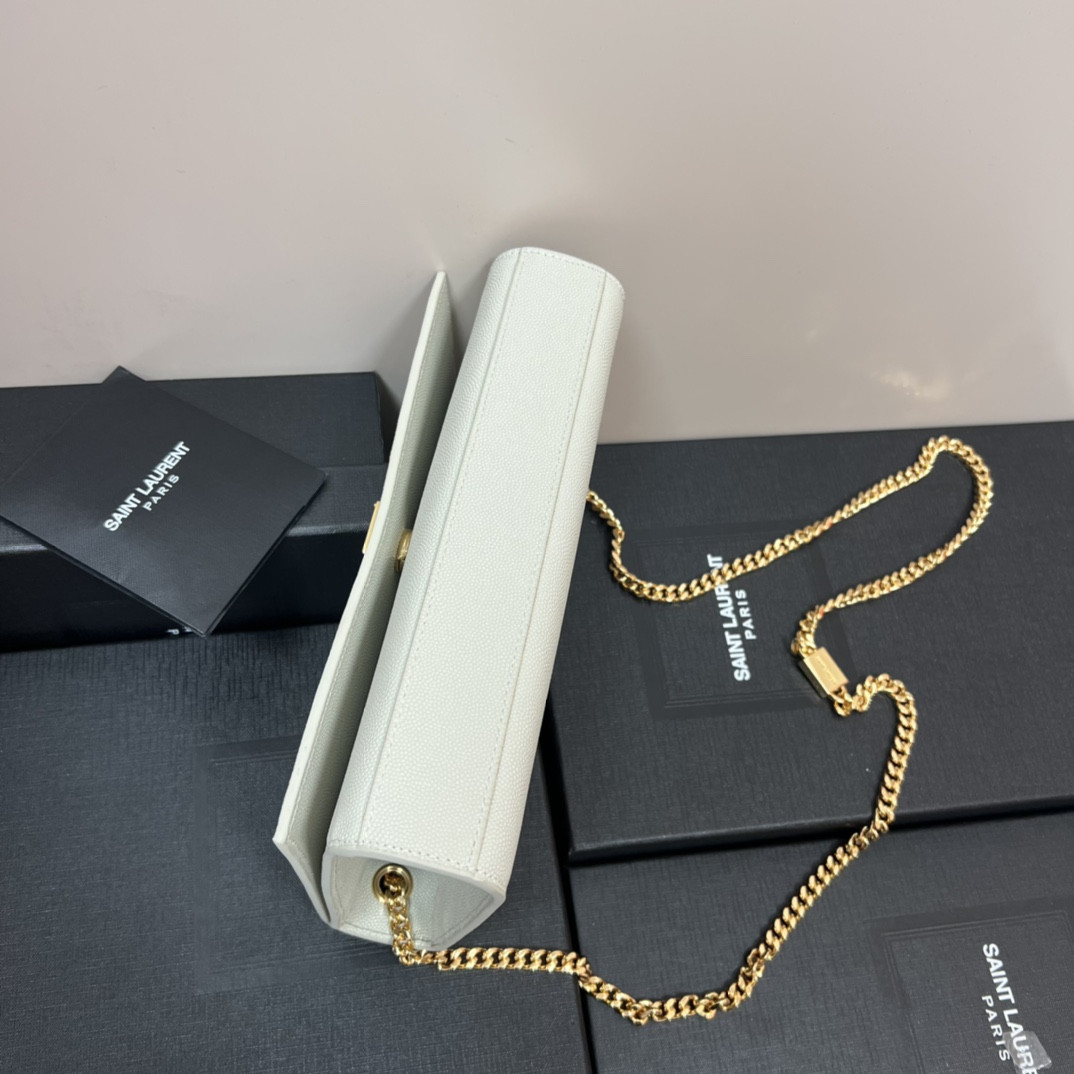 YSL KATE MEDIUM IN GRAIN DE POUDRE EMBOSSED LEATHER WHITE GOLD 9.4 X 5.7 X 2.1 INCHES