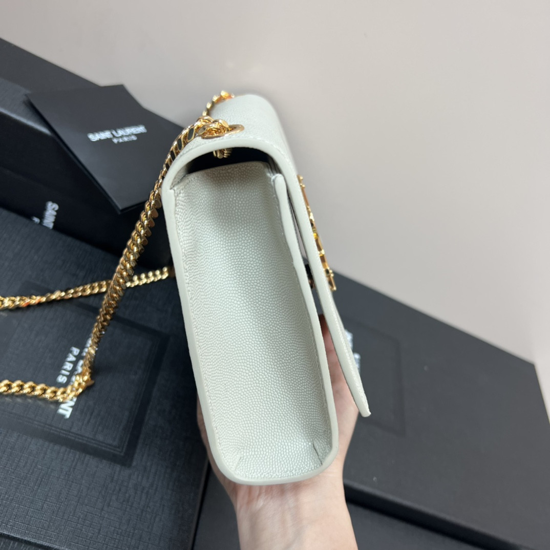 YSL KATE MEDIUM IN GRAIN DE POUDRE EMBOSSED LEATHER WHITE GOLD 9.4 X 5.7 X 2.1 INCHES