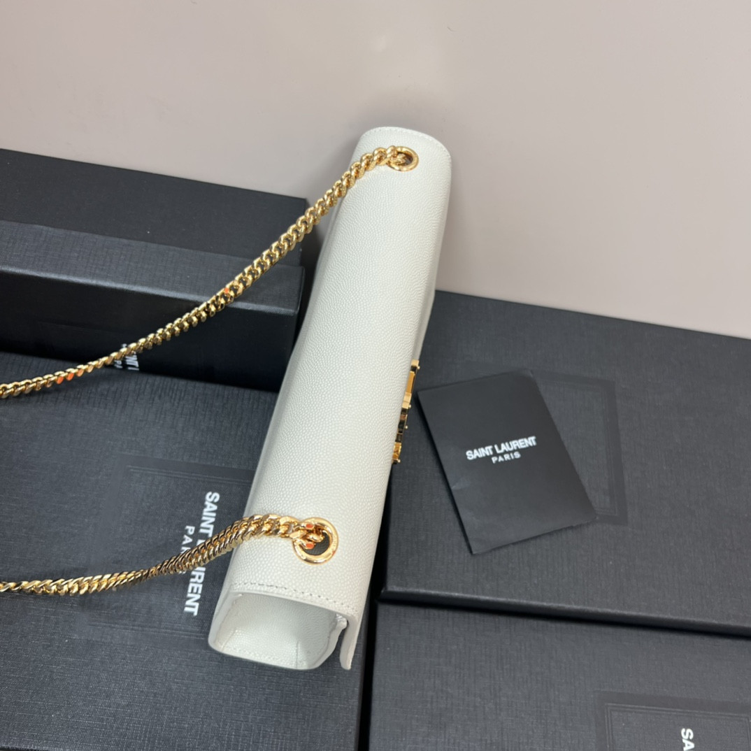 YSL KATE MEDIUM IN GRAIN DE POUDRE EMBOSSED LEATHER WHITE GOLD 9.4 X 5.7 X 2.1 INCHES