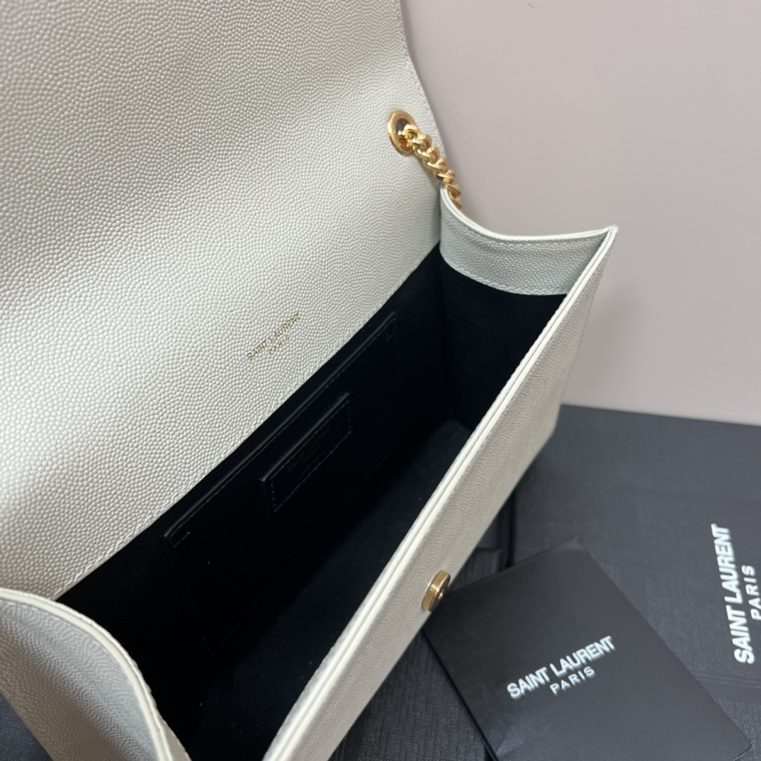 YSL KATE MEDIUM IN GRAIN DE POUDRE EMBOSSED LEATHER WHITE GOLD 9.4 X 5.7 X 2.1 INCHES