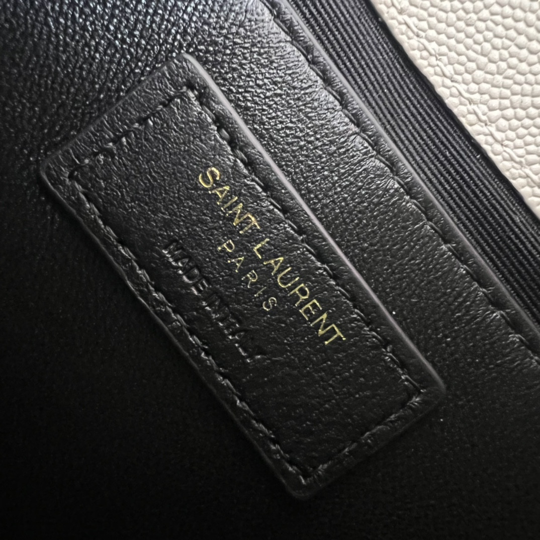 YSL KATE MEDIUM IN GRAIN DE POUDRE EMBOSSED LEATHER WHITE GOLD 9.4 X 5.7 X 2.1 INCHES