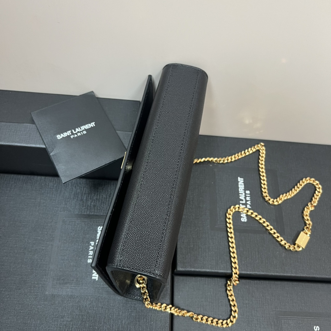 YSL KATE MEDIUM IN GRAIN DE POUDRE EMBOSSED LEATHER BLACK GOLD 9.4 X 5.7 X 2.1 INCHES