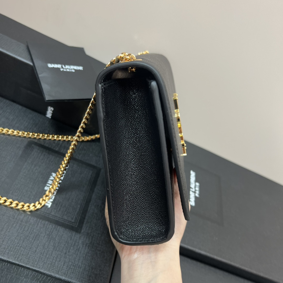 YSL KATE MEDIUM IN GRAIN DE POUDRE EMBOSSED LEATHER BLACK GOLD 9.4 X 5.7 X 2.1 INCHES