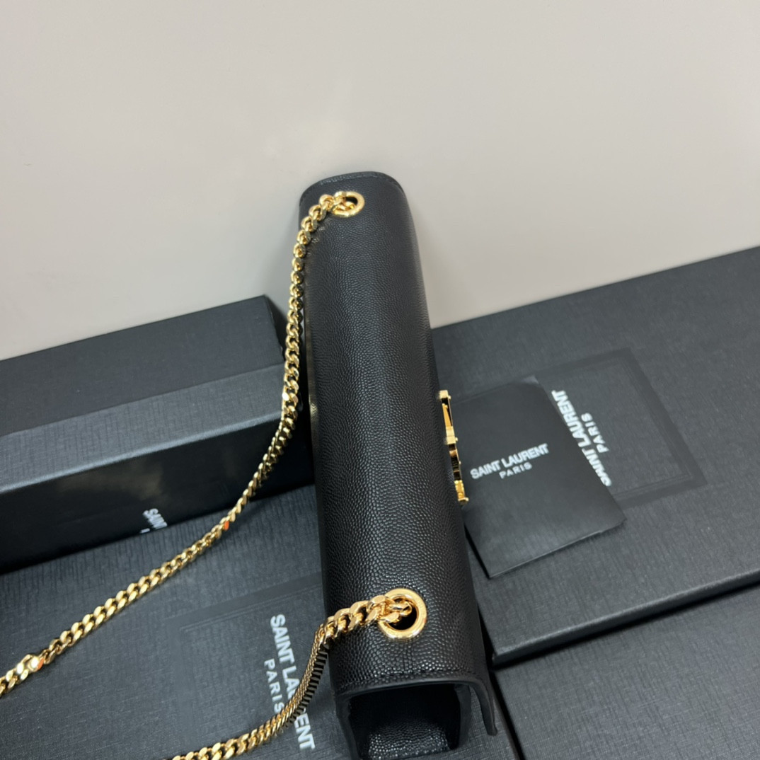 YSL KATE MEDIUM IN GRAIN DE POUDRE EMBOSSED LEATHER BLACK GOLD 9.4 X 5.7 X 2.1 INCHES