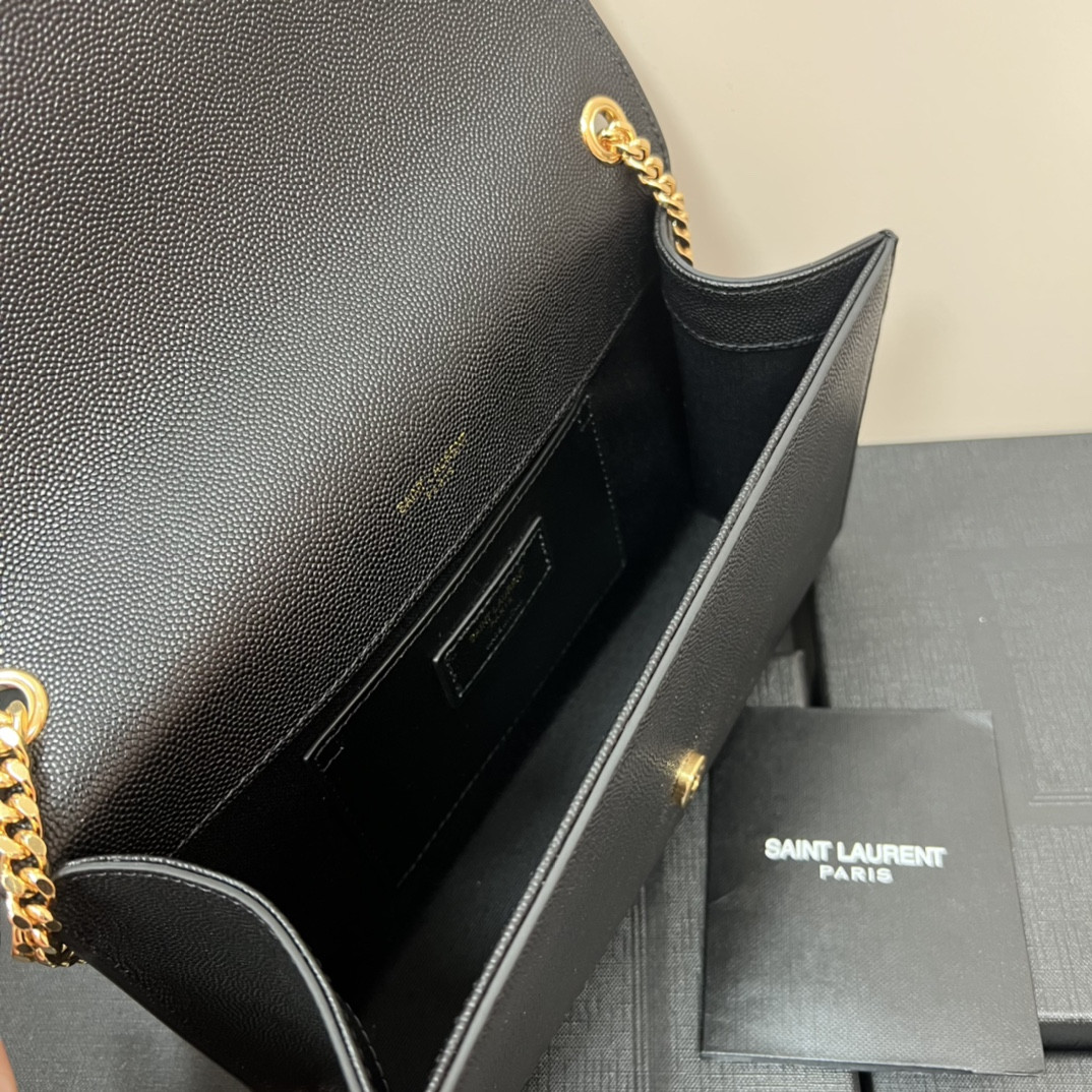 YSL KATE MEDIUM IN GRAIN DE POUDRE EMBOSSED LEATHER BLACK GOLD 9.4 X 5.7 X 2.1 INCHES