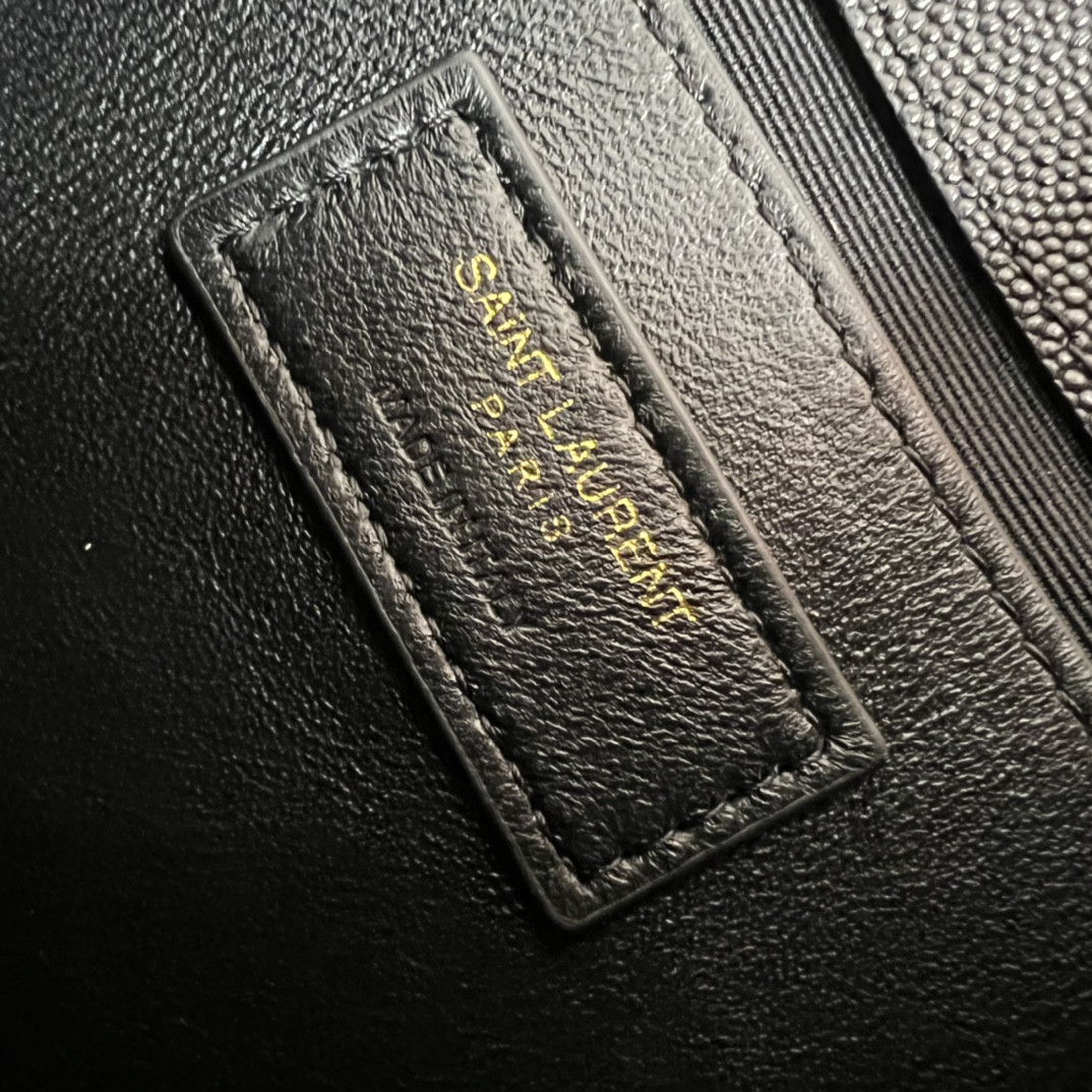 YSL KATE MEDIUM IN GRAIN DE POUDRE EMBOSSED LEATHER BLACK GOLD 9.4 X 5.7 X 2.1 INCHES