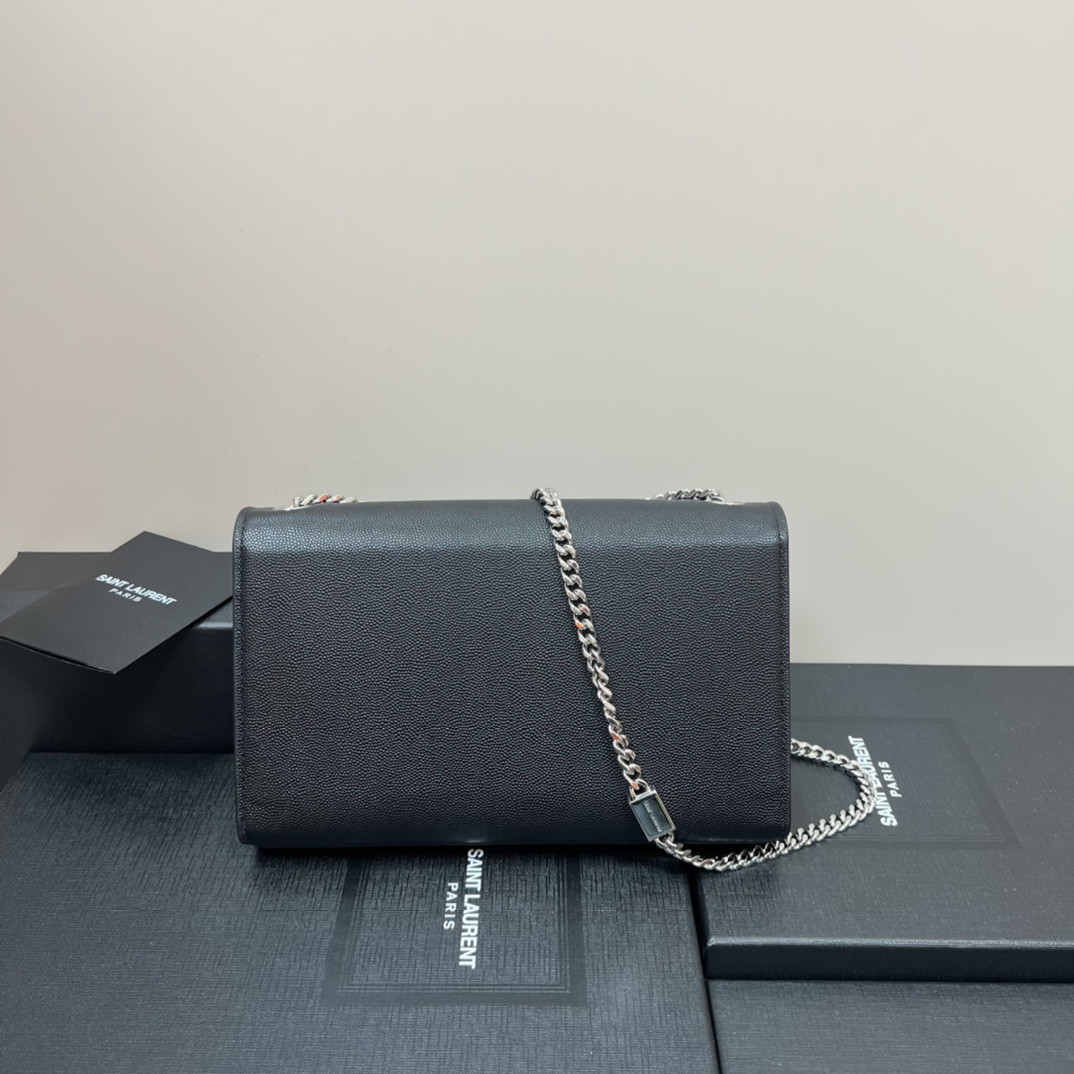 YSL KATE MEDIUM IN GRAIN DE POUDRE EMBOSSED LEATHER BLACK SILVER 9.4 X 5.7 X 2.1 INCHES