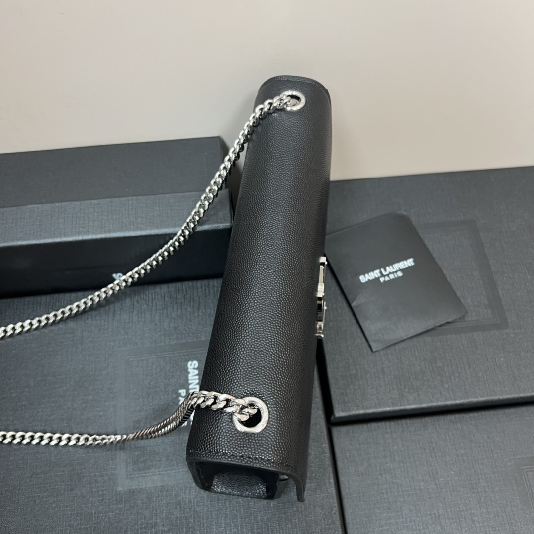 YSL KATE MEDIUM IN GRAIN DE POUDRE EMBOSSED LEATHER BLACK SILVER 9.4 X 5.7 X 2.1 INCHES