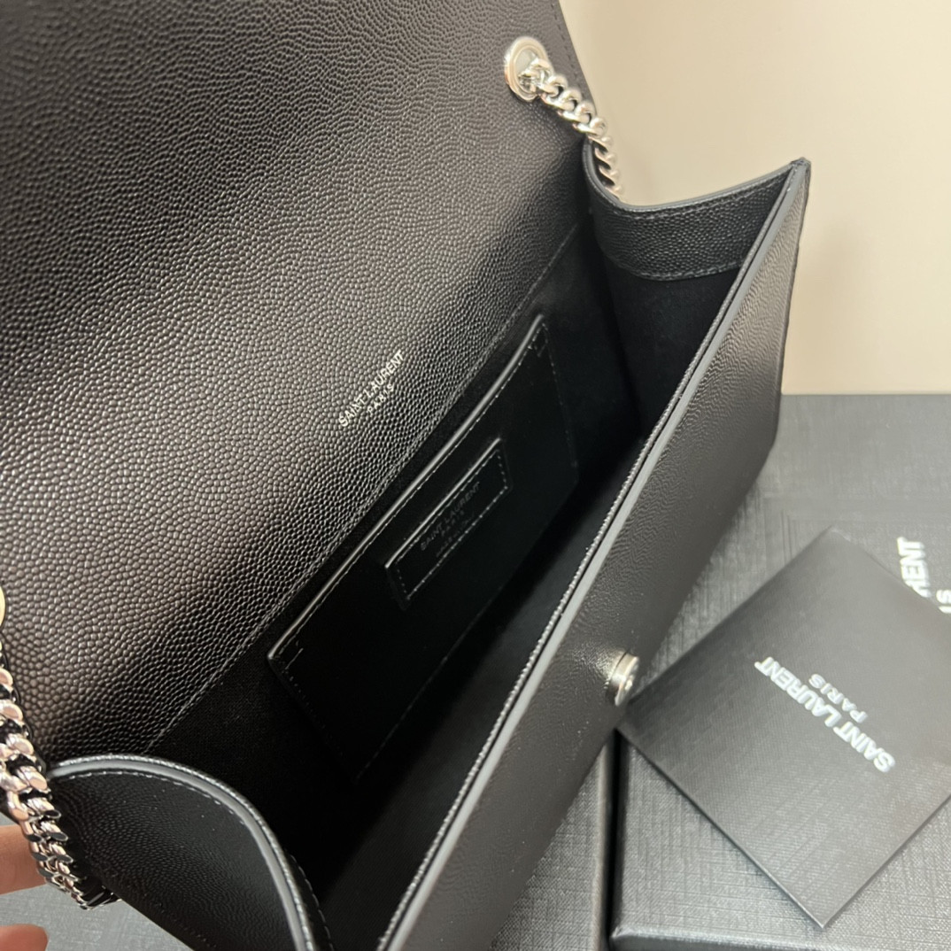 YSL KATE MEDIUM IN GRAIN DE POUDRE EMBOSSED LEATHER BLACK SILVER 9.4 X 5.7 X 2.1 INCHES