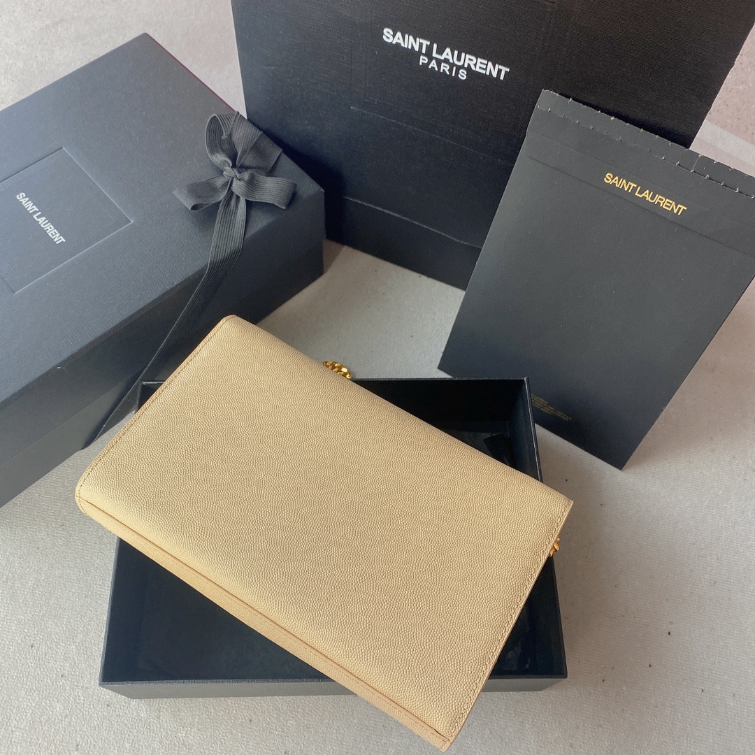 YSL KATE MEDIUM IN GRAIN DE POUDRE EMBOSSED LEATHER DARK BEIGE 9.4 X 5.7 X 2.1 INCHES