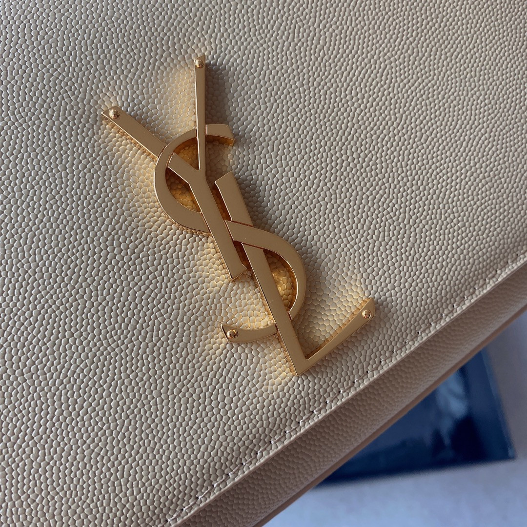 YSL KATE MEDIUM IN GRAIN DE POUDRE EMBOSSED LEATHER DARK BEIGE 9.4 X 5.7 X 2.1 INCHES