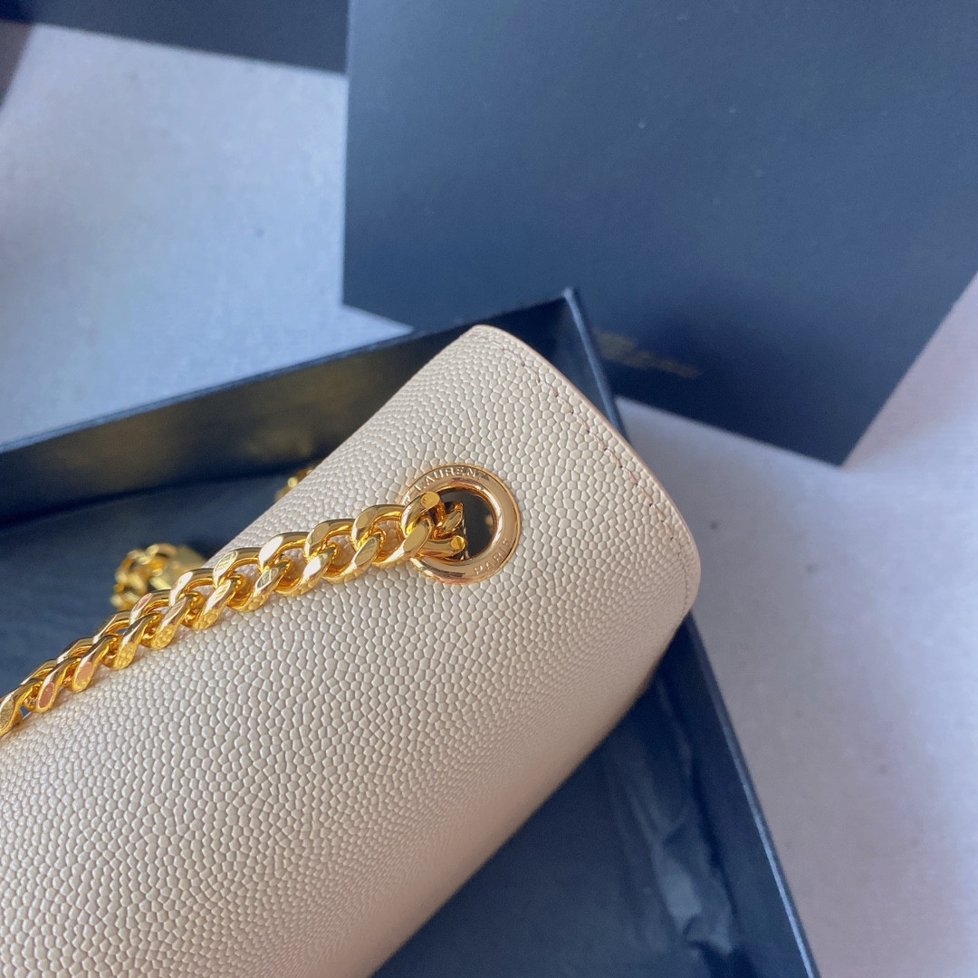 YSL KATE MEDIUM IN GRAIN DE POUDRE EMBOSSED LEATHER DARK BEIGE 9.4 X 5.7 X 2.1 INCHES