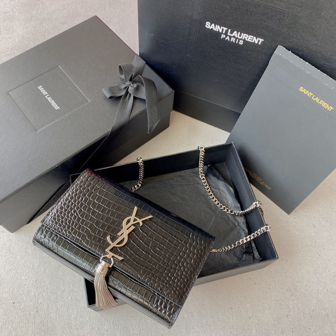 YSL KATE MEDIUM TASSEL IN CROCODILE-EMBOSSED LEATHER BLACK 9.4 X 5.7 X 2.1 INCHES