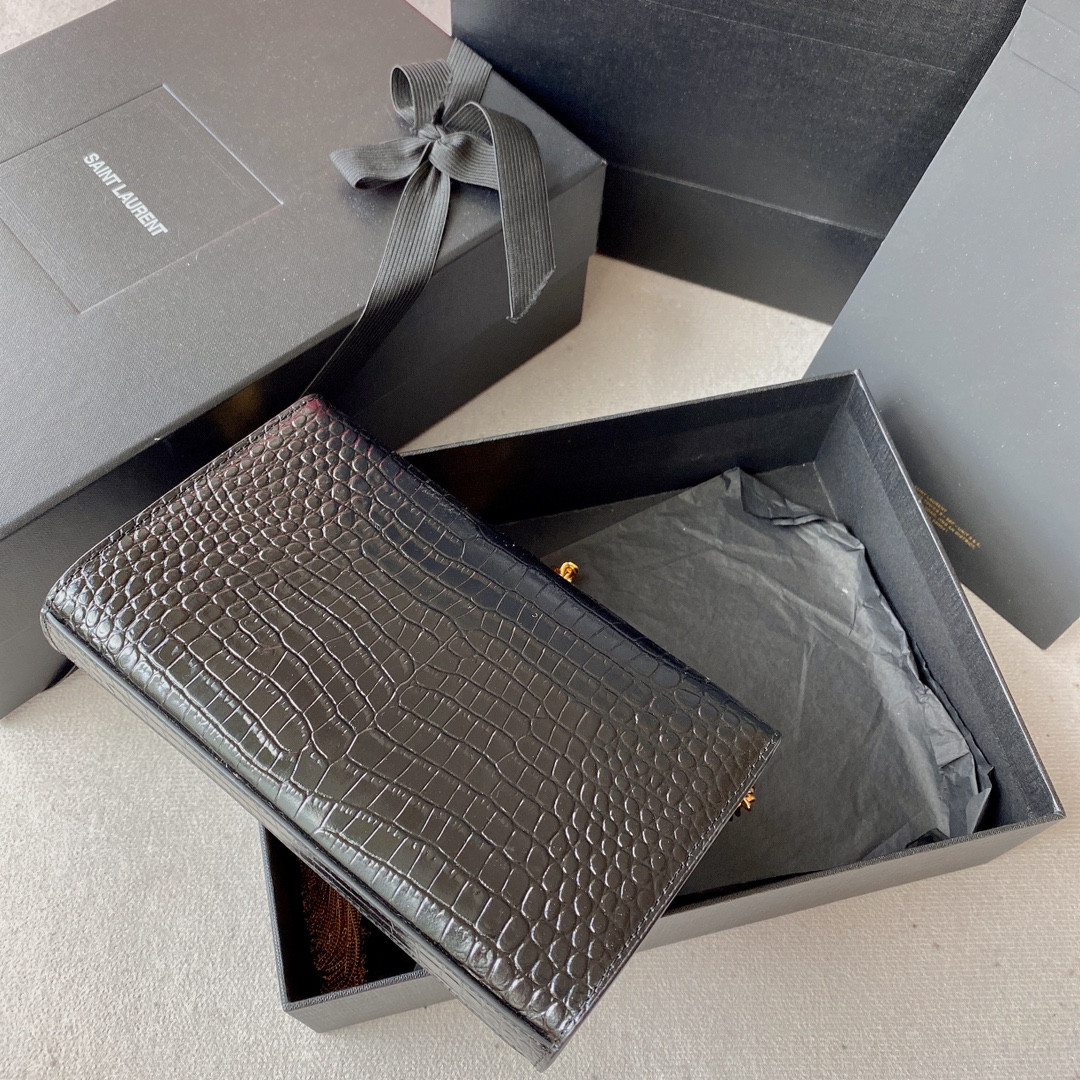 YSL KATE SMALL IN GRAIN DE POUDRE EMBOSSED LEATHER BLACK 7.8 X 4.9 X 1.9 INCHES