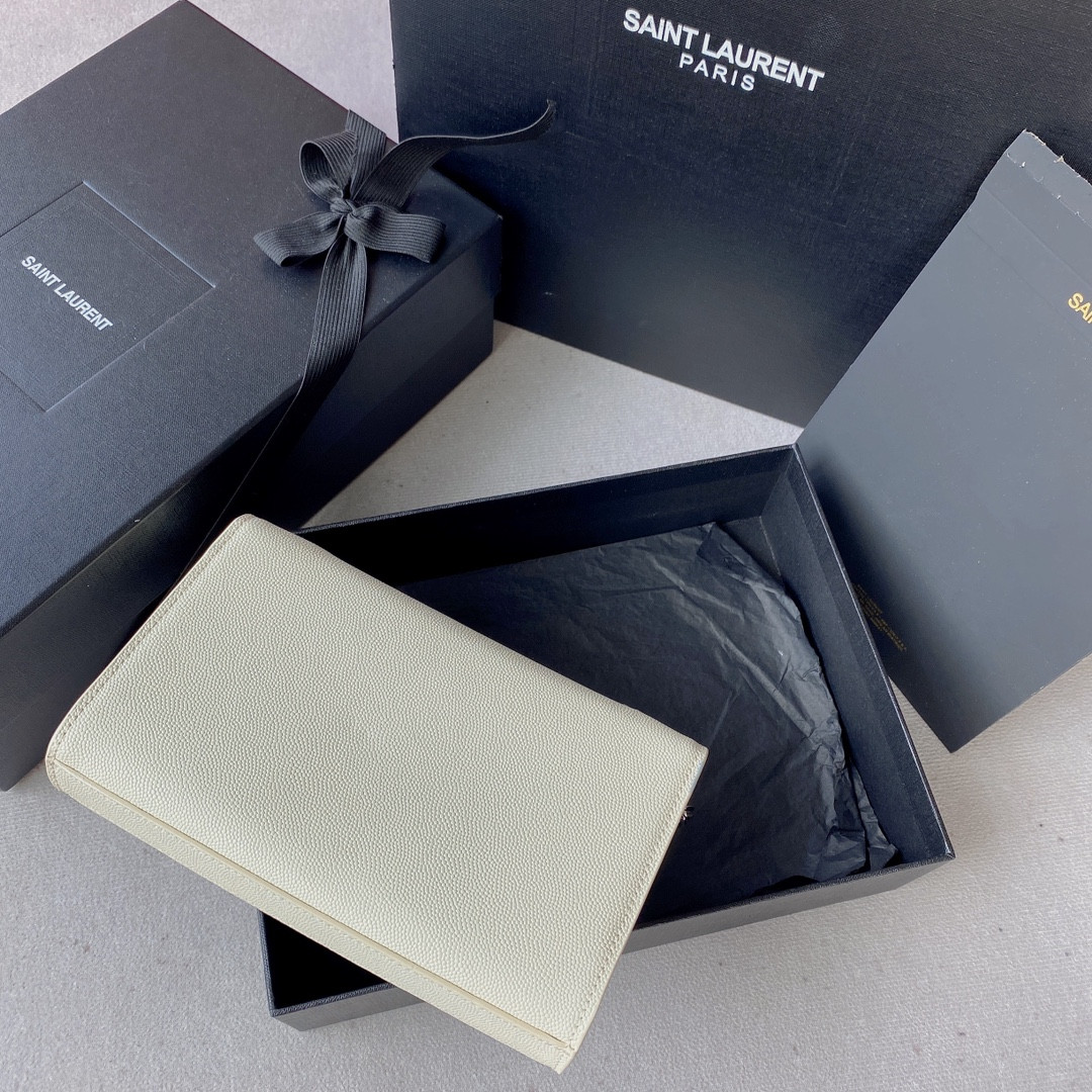 YSL KATE SMALL IN GRAIN DE POUDRE EMBOSSED LEATHER WHITE SILVER 7.8 X 4.9 X 1.9 INCHES