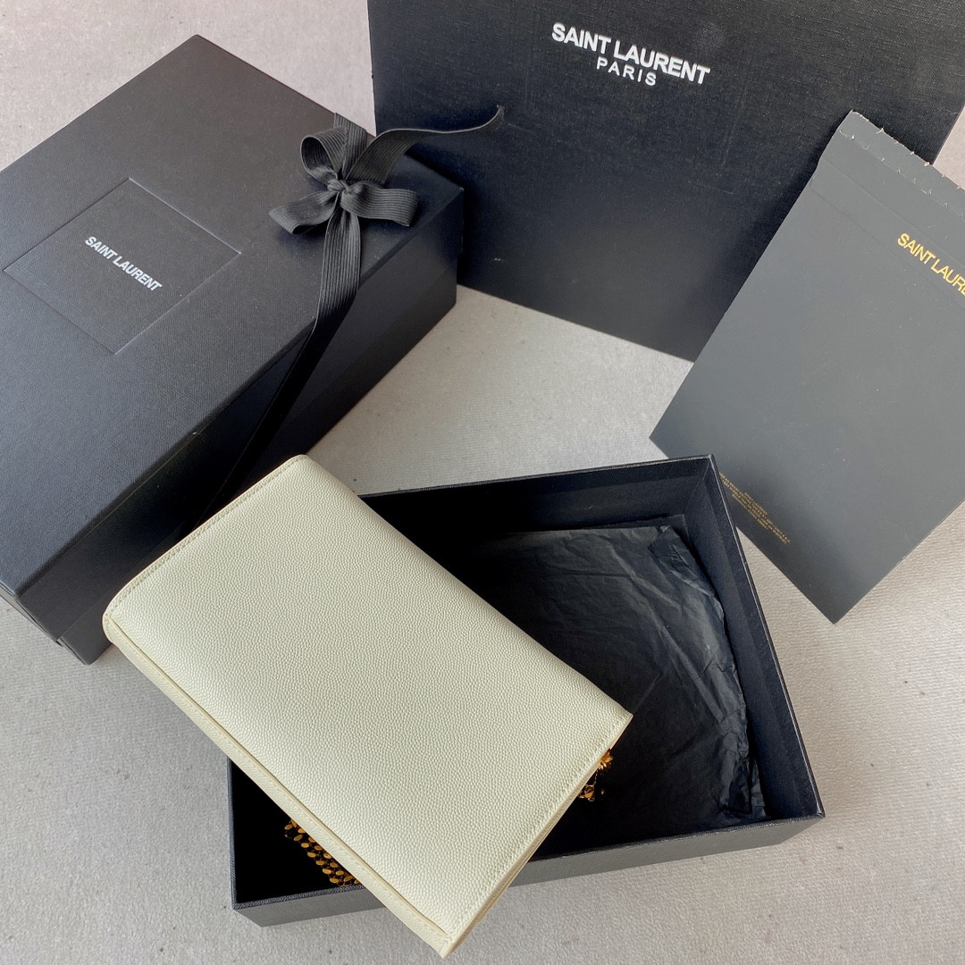 YSL KATE SMALL IN GRAIN DE POUDRE EMBOSSED LEATHER WHITE 7.8 X 4.9 X 1.9 INCHES