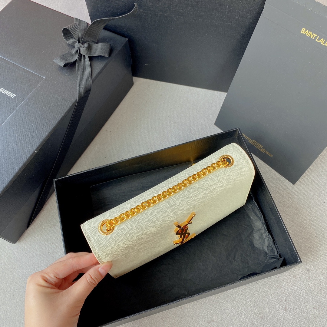 YSL KATE SMALL IN GRAIN DE POUDRE EMBOSSED LEATHER WHITE 7.8 X 4.9 X 1.9 INCHES