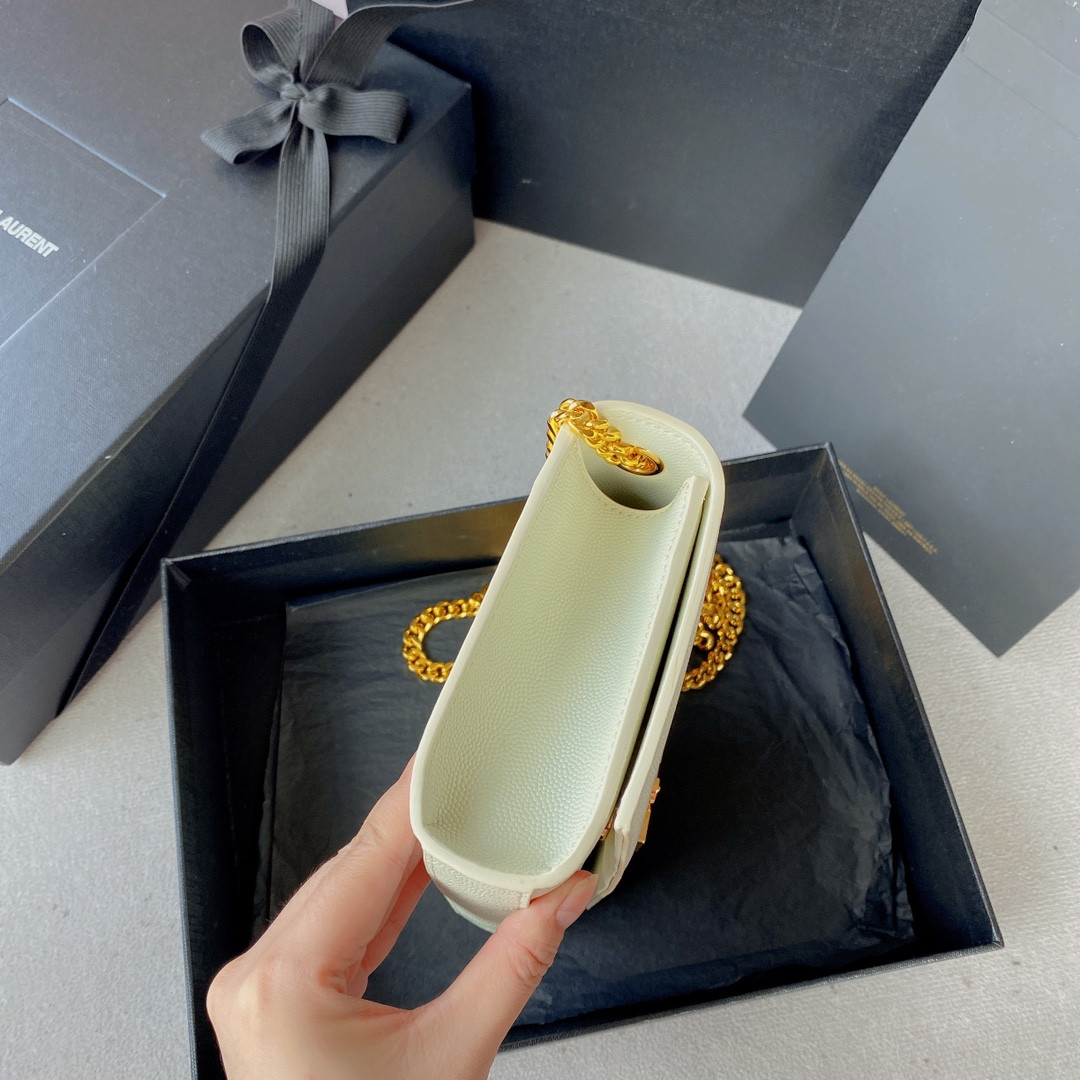 YSL KATE SMALL IN GRAIN DE POUDRE EMBOSSED LEATHER WHITE 7.8 X 4.9 X 1.9 INCHES