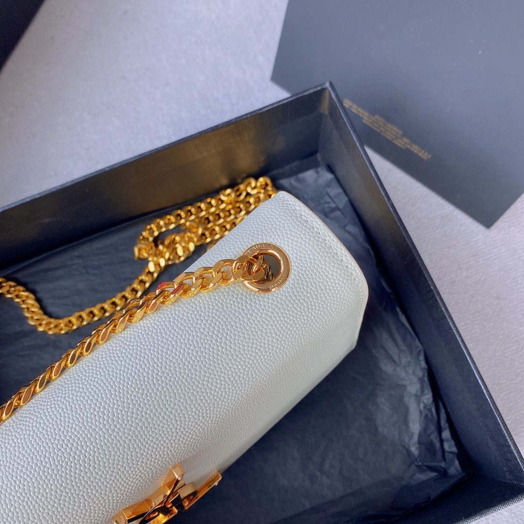 YSL KATE SMALL IN GRAIN DE POUDRE EMBOSSED LEATHER WHITE 7.8 X 4.9 X 1.9 INCHES