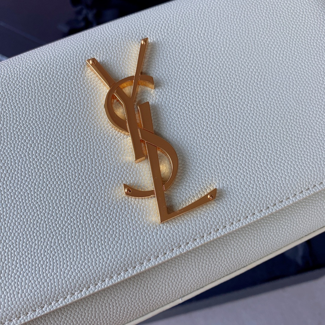 YSL KATE SMALL IN GRAIN DE POUDRE EMBOSSED LEATHER WHITE 7.8 X 4.9 X 1.9 INCHES