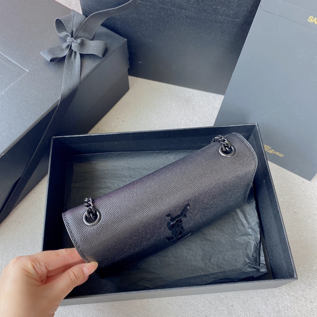 YSL KATE SMALL IN GRAIN DE POUDRE EMBOSSED LEATHER NAVY 7.8 X 4.9 X 1.9 INCHES