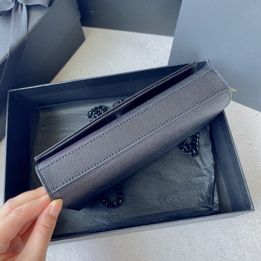 YSL KATE SMALL IN GRAIN DE POUDRE EMBOSSED LEATHER NAVY 7.8 X 4.9 X 1.9 INCHES