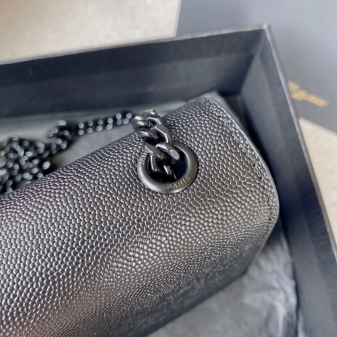 YSL KATE SMALL IN GRAIN DE POUDRE EMBOSSED LEATHER NAVY 7.8 X 4.9 X 1.9 INCHES