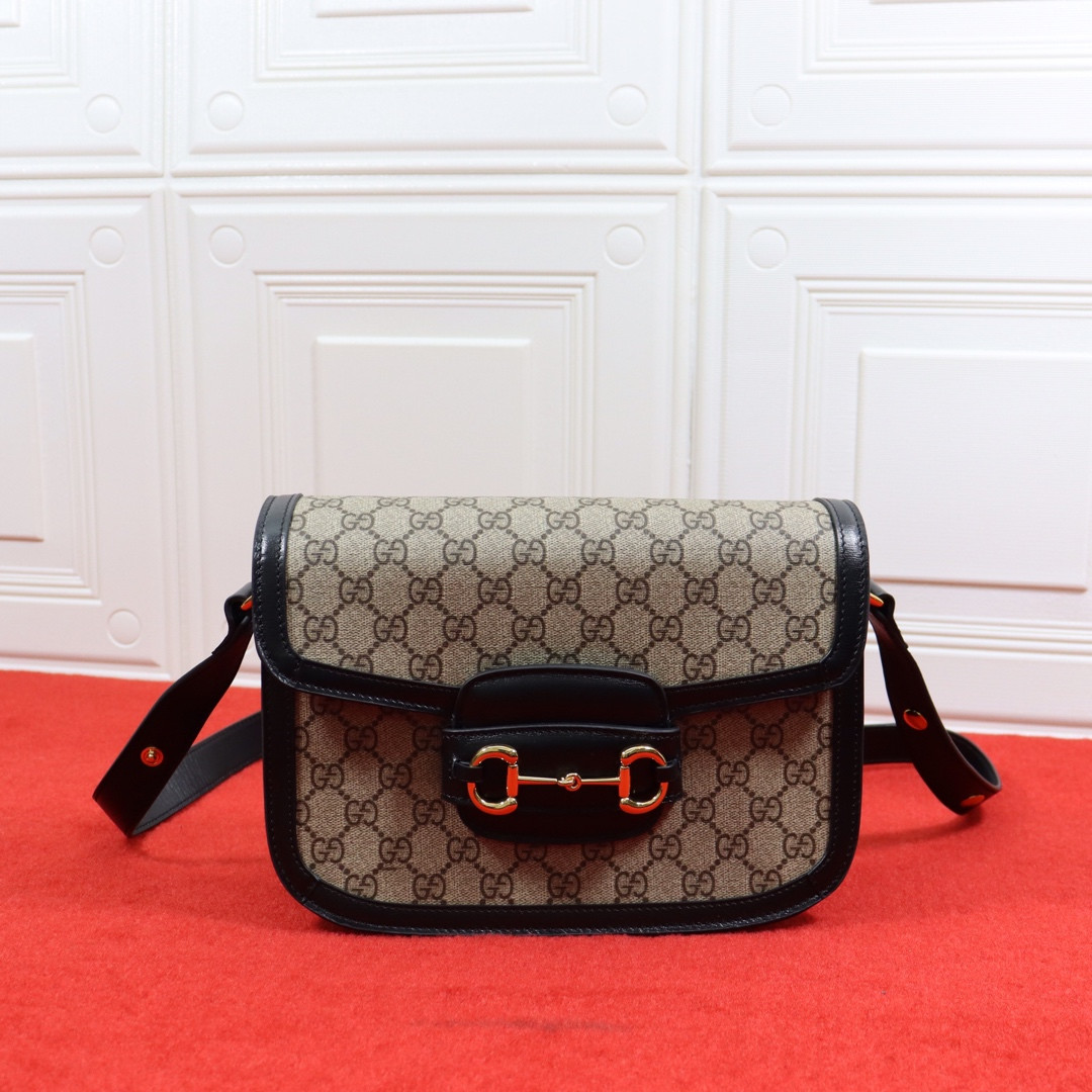 GUCCI HORSEBIT 1955 SHOULDER BAG Beige Black 9.8"W x 7"H x 3.1"D