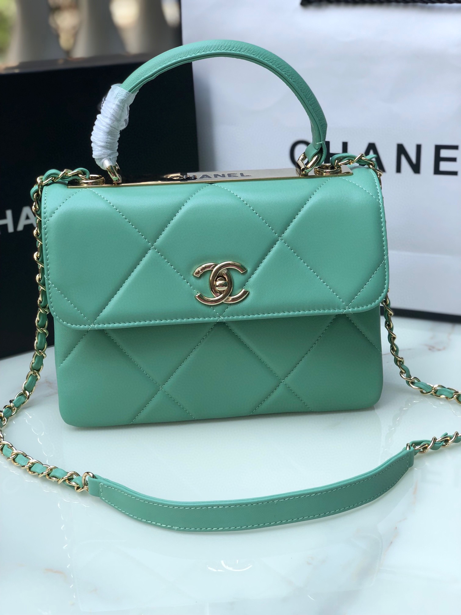 CHANEL FLAP BAG WITH TOP HANDLE BLUE 6.6 × 9.8 × 4.7 in