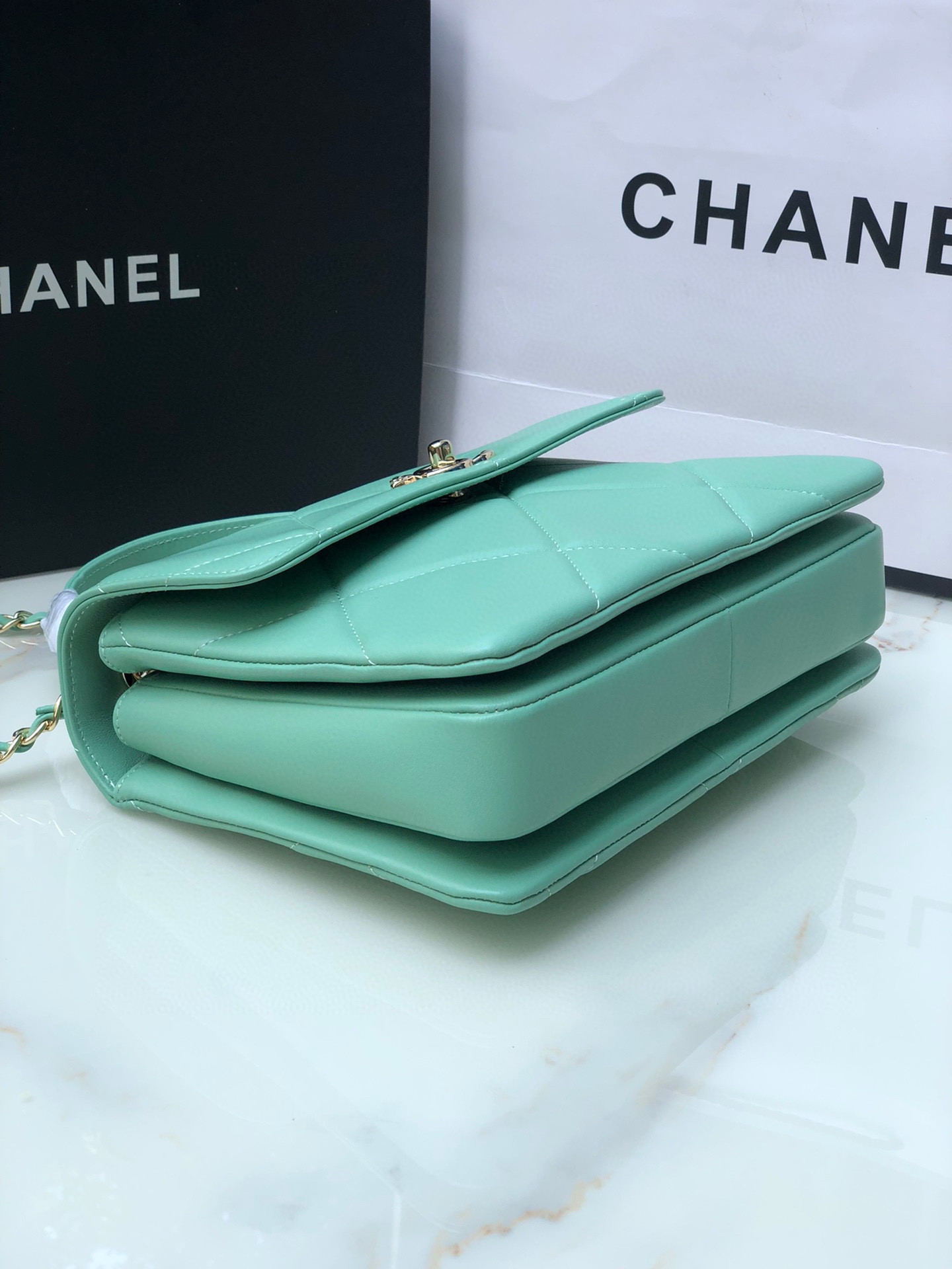 CHANEL FLAP BAG WITH TOP HANDLE BLUE 6.6 × 9.8 × 4.7 in