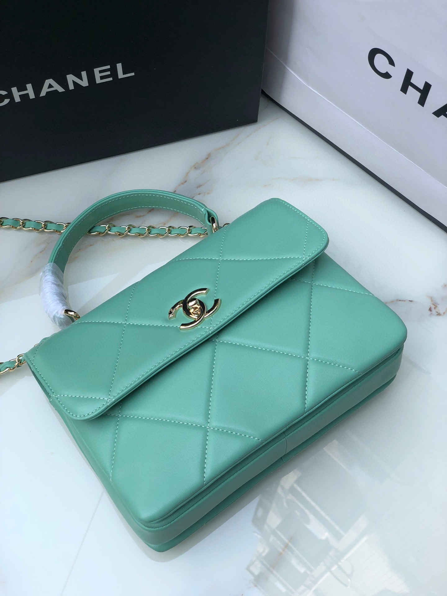 CHANEL FLAP BAG WITH TOP HANDLE BLUE 6.6 × 9.8 × 4.7 in