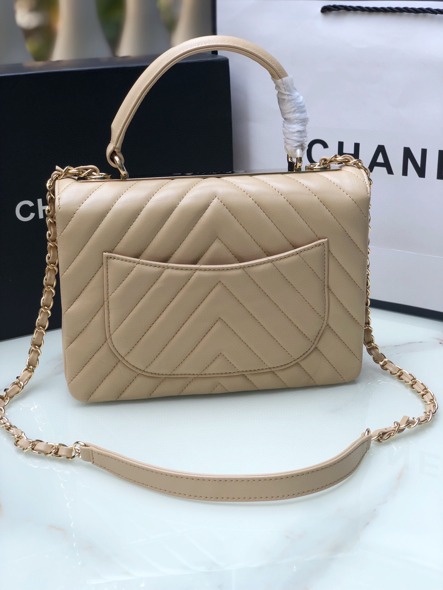 CHANEL FLAP BAG WITH TOP HANDLE BEIGE 6.6 × 9.8 × 4.7 in