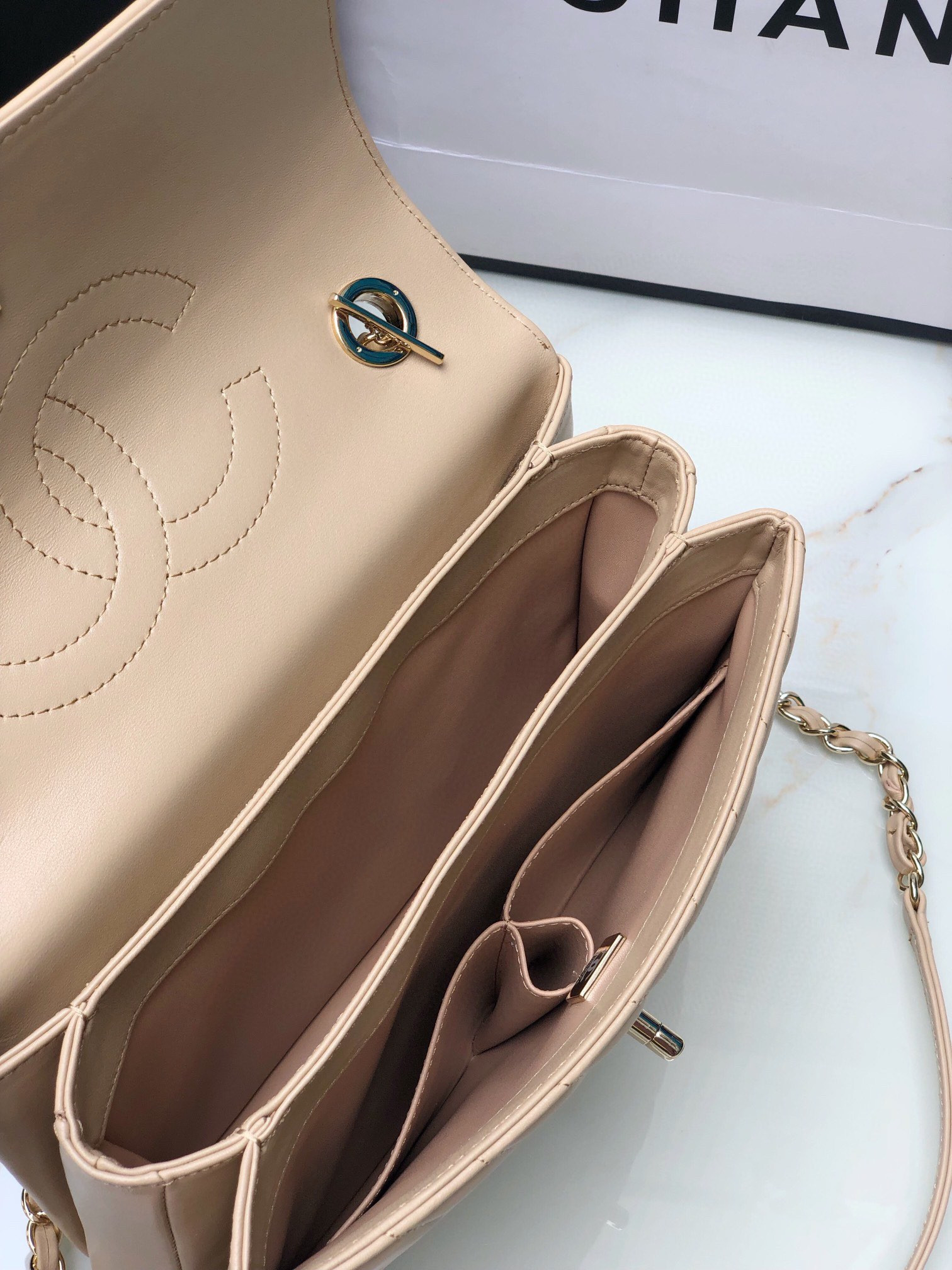 CHANEL FLAP BAG WITH TOP HANDLE BEIGE 6.6 × 9.8 × 4.7 in