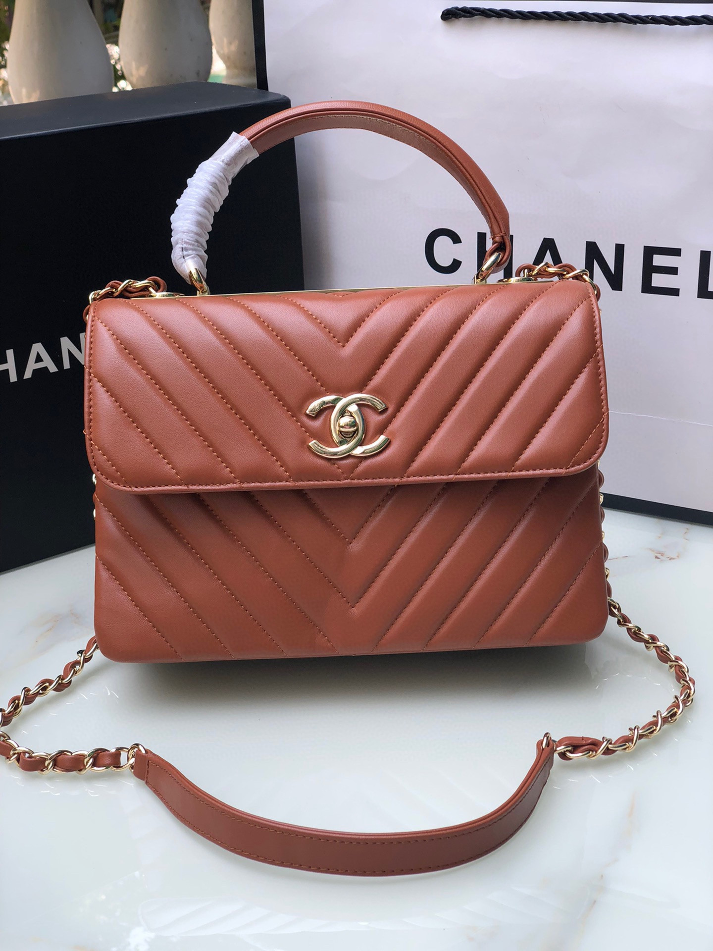 CHANEL FLAP BAG WITH TOP HANDLE ORANGE 6.6 × 9.8 × 4.7 in