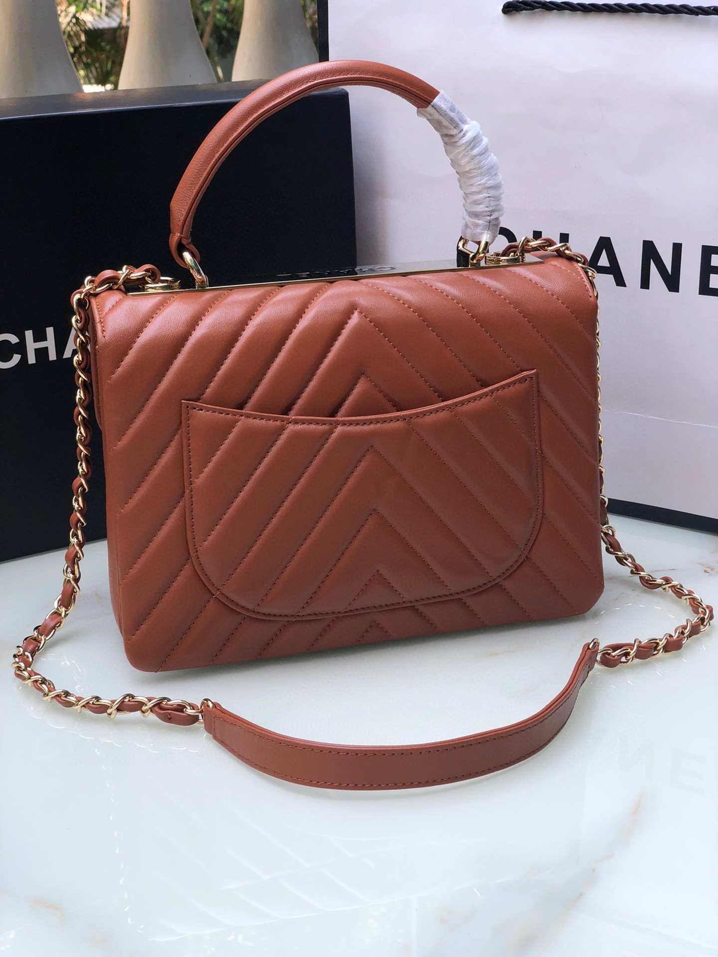 CHANEL FLAP BAG WITH TOP HANDLE ORANGE 6.6 × 9.8 × 4.7 in