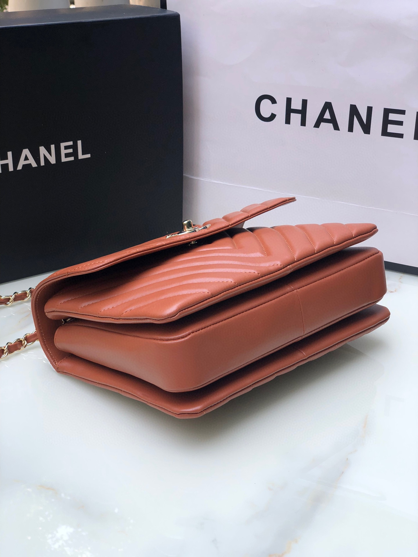 CHANEL FLAP BAG WITH TOP HANDLE ORANGE 6.6 × 9.8 × 4.7 in