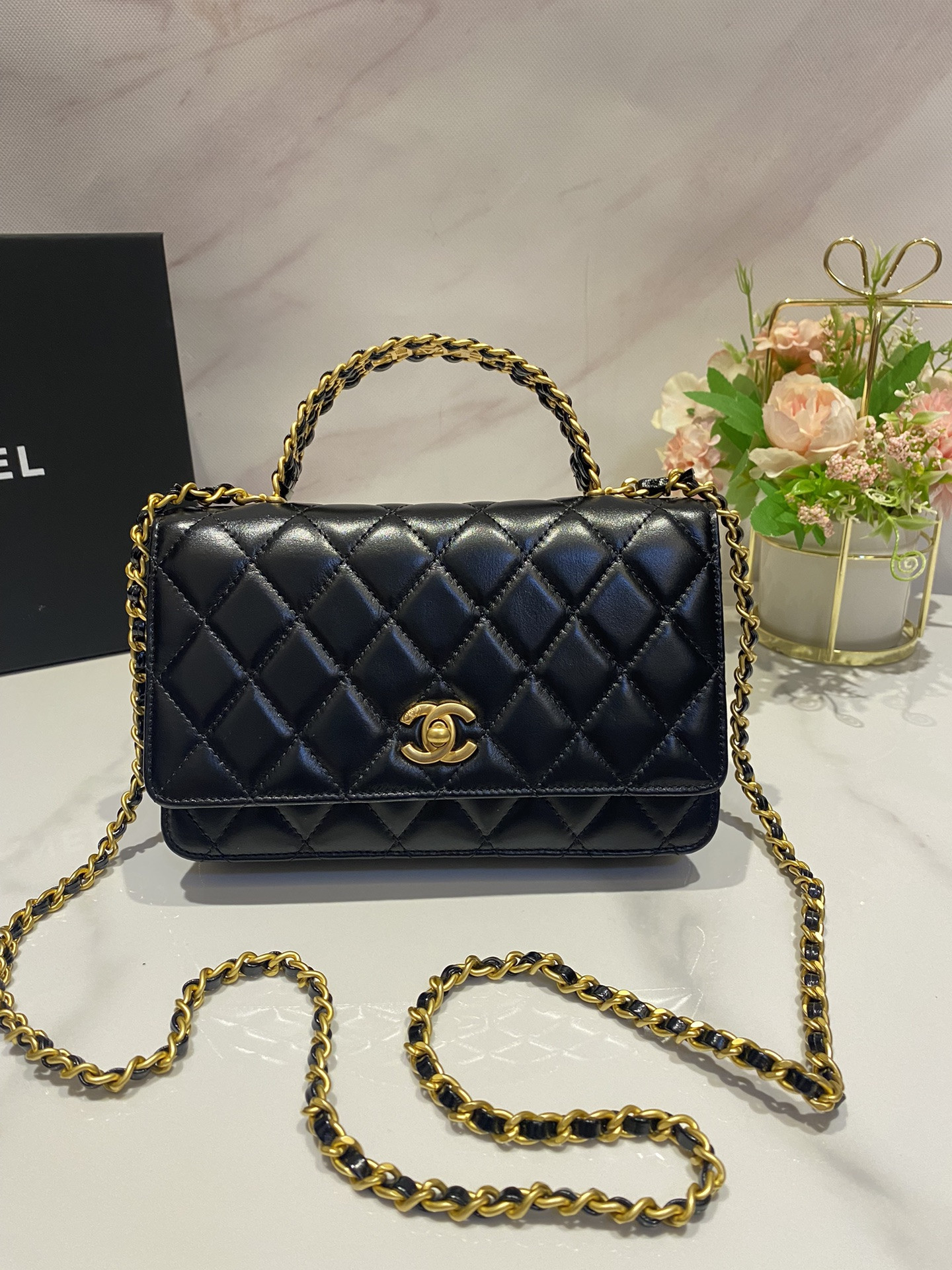 CHANEL CLASSIC WALLET ON CHAIN Rhinestone Handle BLACK 4.8 × 7.5 × 1.4 in