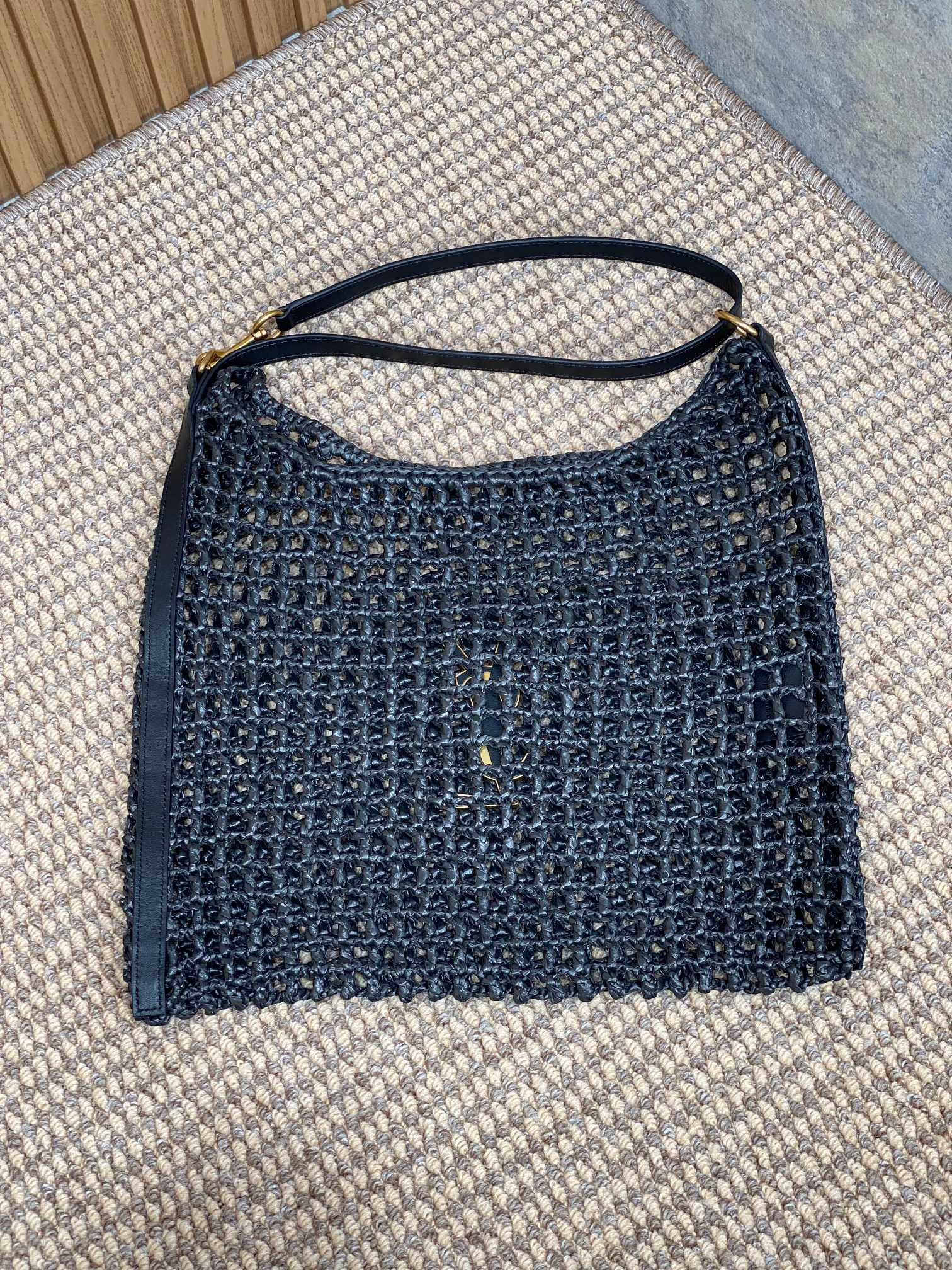 YSL OXALIS BAG IN RAFFIA MACRAMÉ BLACK 14.6X 5.7X1.2INCHES