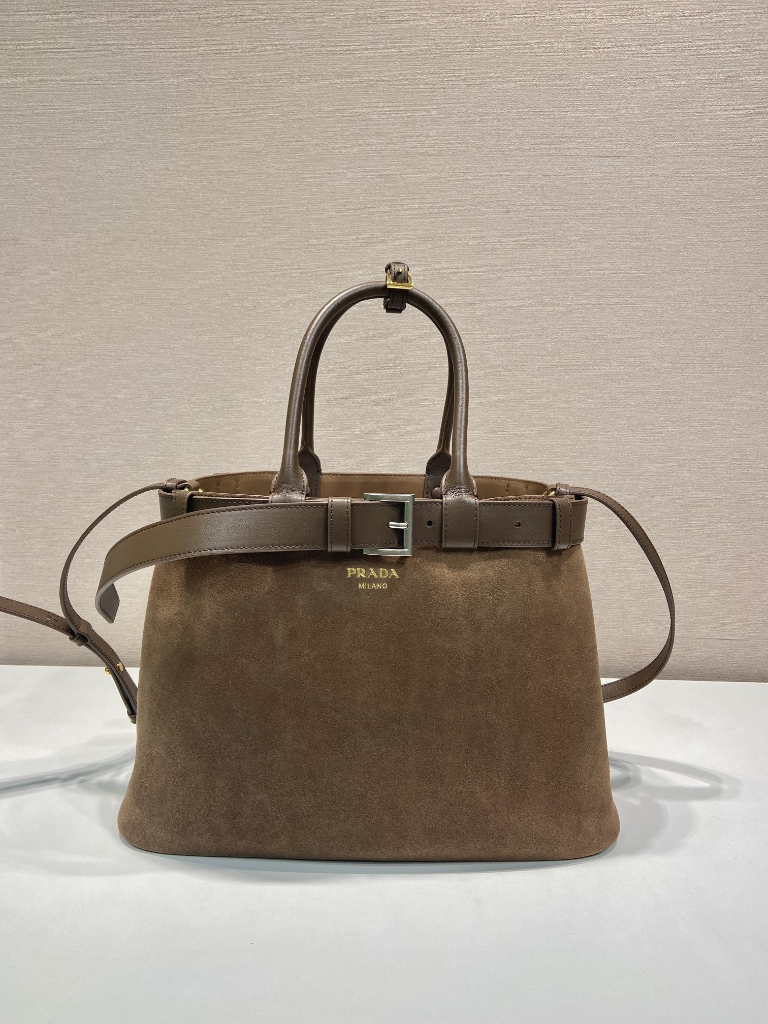 Prada Large Prada Buckle suede bag with belt  27.5x37.5x14cm