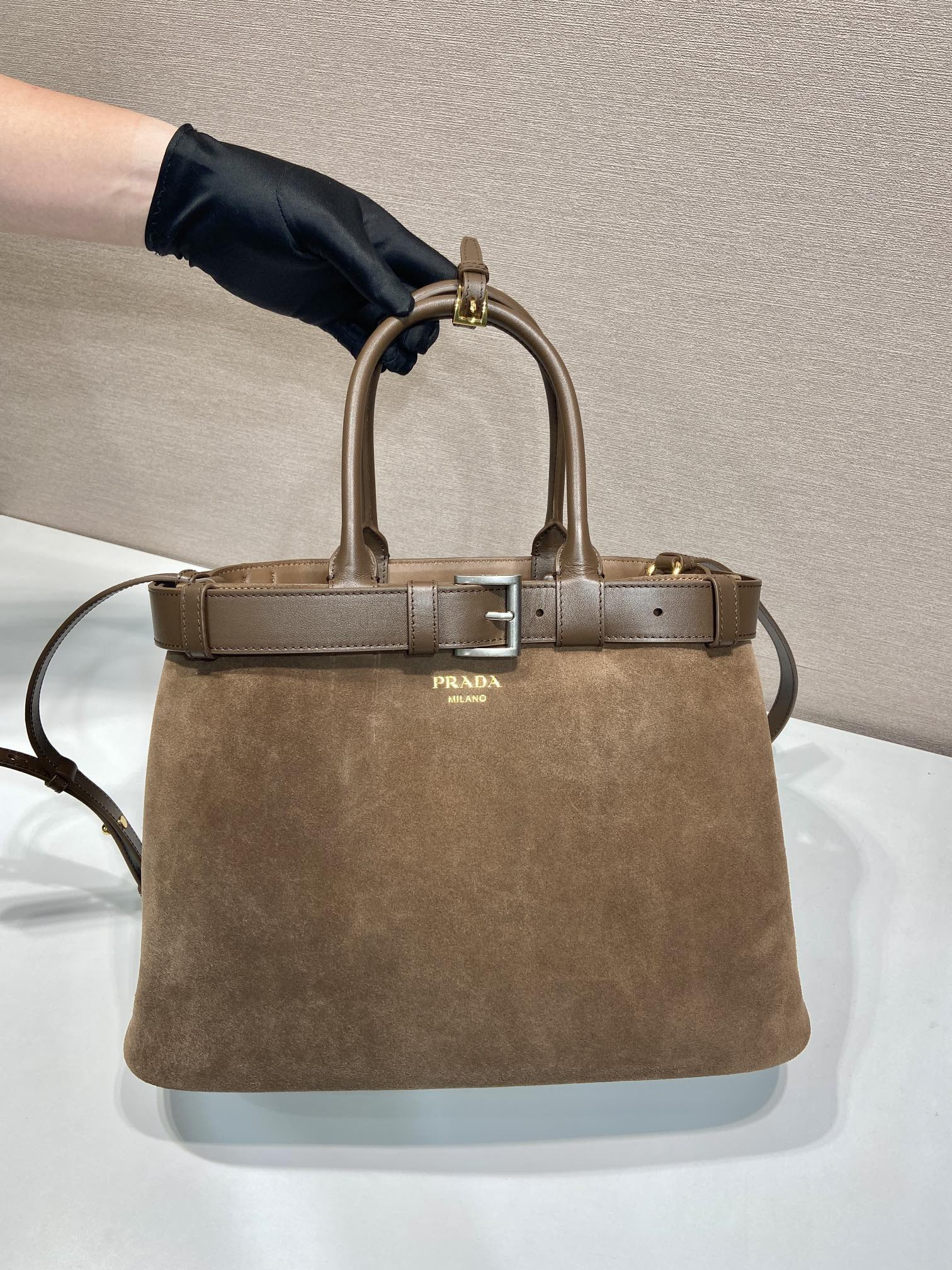 Prada Large Prada Buckle suede bag with belt  27.5x37.5x14cm