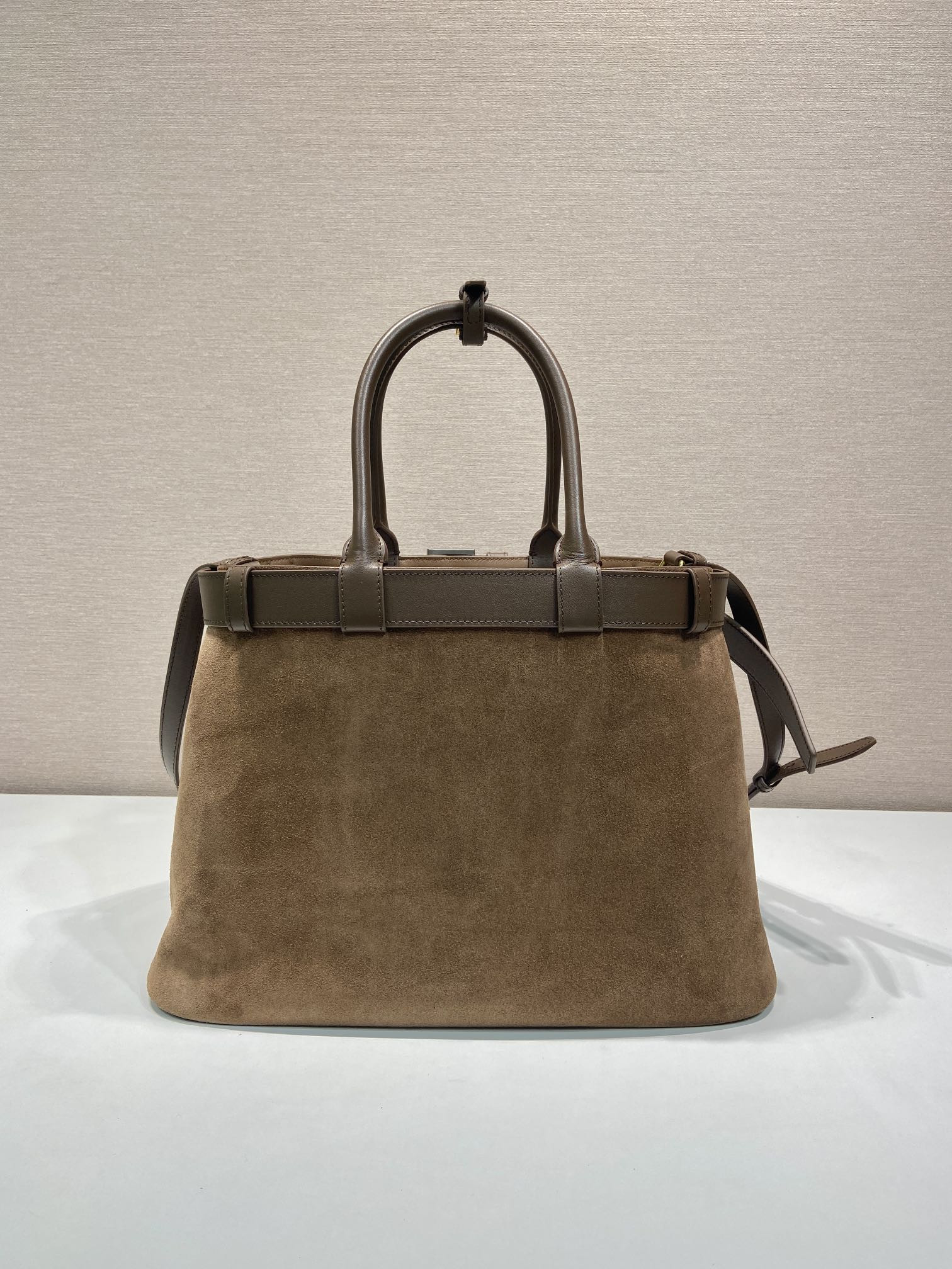 Prada Large Prada Buckle suede bag with belt  27.5x37.5x14cm